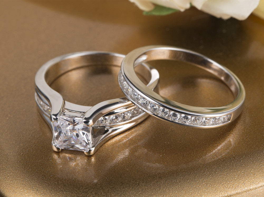 MABELLA Princess Cut Cubic Zirconia Wedding Ring Set for Women - 925 Sterling Silver Bridal Engagement Ring Jewelry - Perfect for Proposals, Anniversaries & Special Occasions