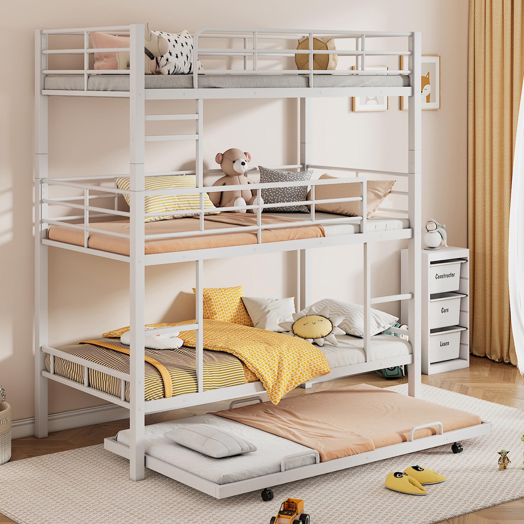 BOVZA White Metal Triple Twin Bunk Bed with Trundle - Twin Over Twin Over Twin 3 Tier Bunk Bed for 4 People, Convertible to 3 Separate Beds, Includes 2 Ladders & Guardrails - Perfect for Kids, Teens, Dorms, Small Bedrooms & Space-Saving Solutions