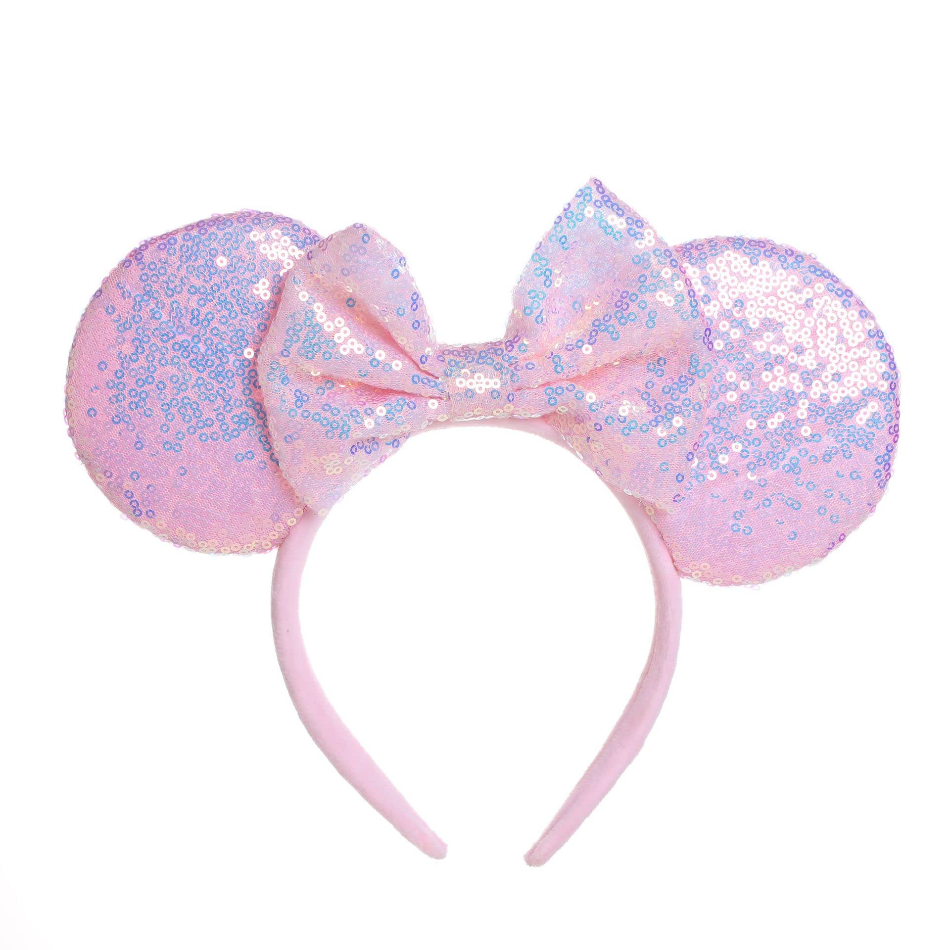 Sparkly Pink Mouse Ears Headband for Women - Glitter Sequin Bow Hairband for Disney Trips, Birthday Parties, Princess Costumes & Themed Events (One Size)