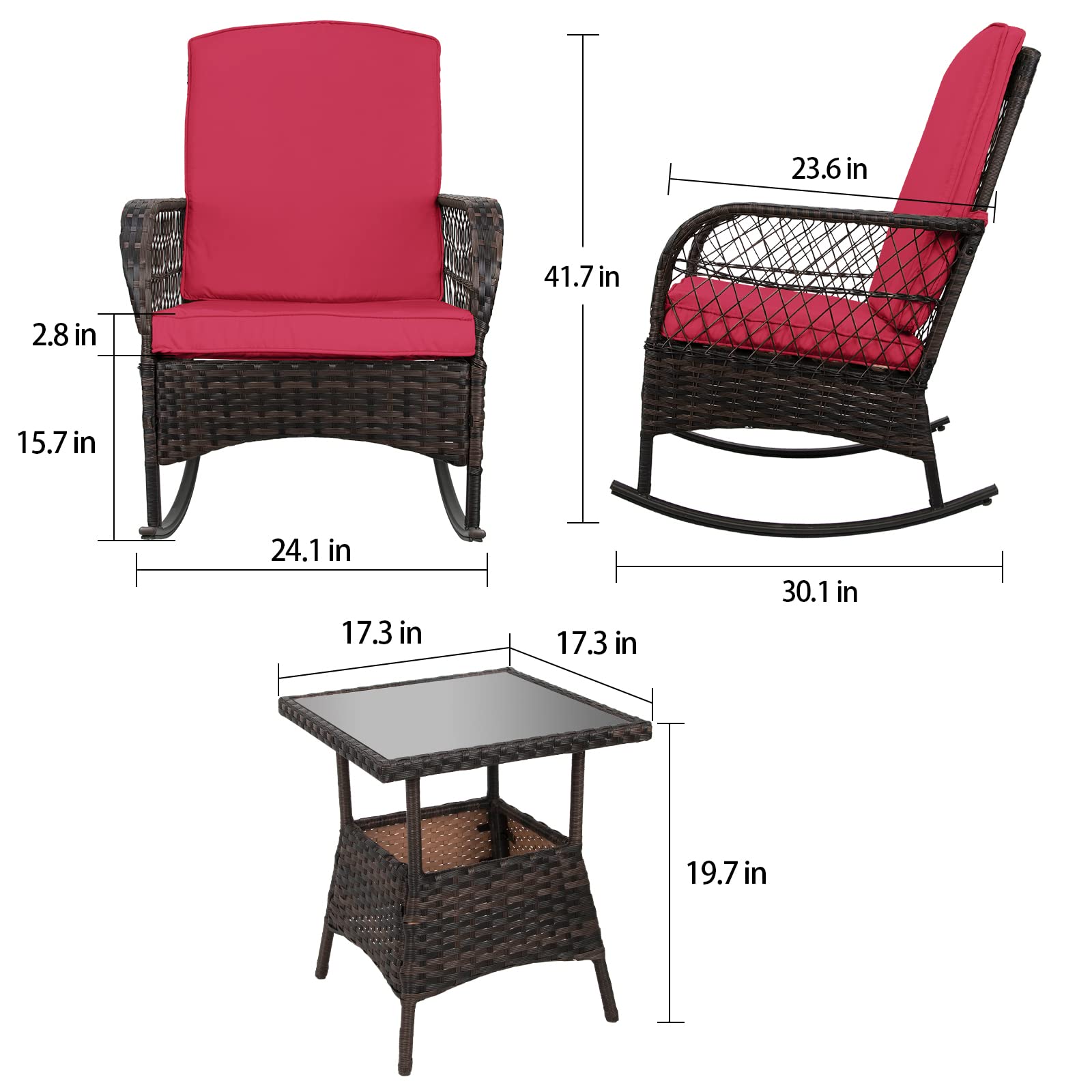LEVELEVE 3-Piece Red PE Wicker Outdoor Rocking Bistro Set - Patio Conversation Chairs for Garden, Porch & Backyard Relaxation