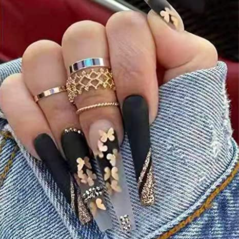Luxury Black Press on Nails with Rhinestone Gold Butterfly Design - 24PCS French Ballet Fake Nails, Full Cover Acrylic Stick on Nails for Women & Girls - Perfect for Parties, Weddings & Special Occasions
