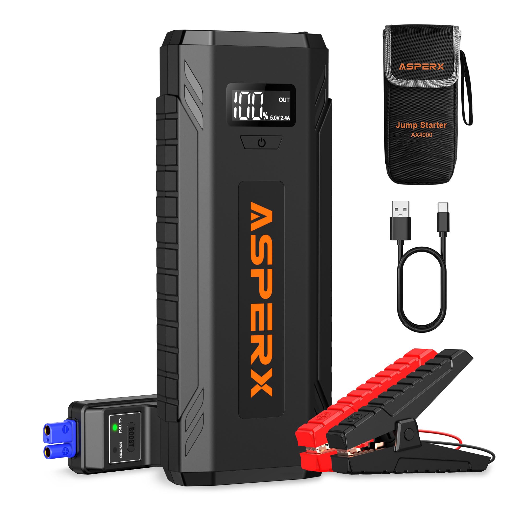 AsperX 4000A Peak Car Jump Starter - 12V Portable Battery Booster for Gas & 10.0L Diesel Engines | USB Charger & Built-in LED Light | Emergency Roadside Assistance & Power Outage Backup