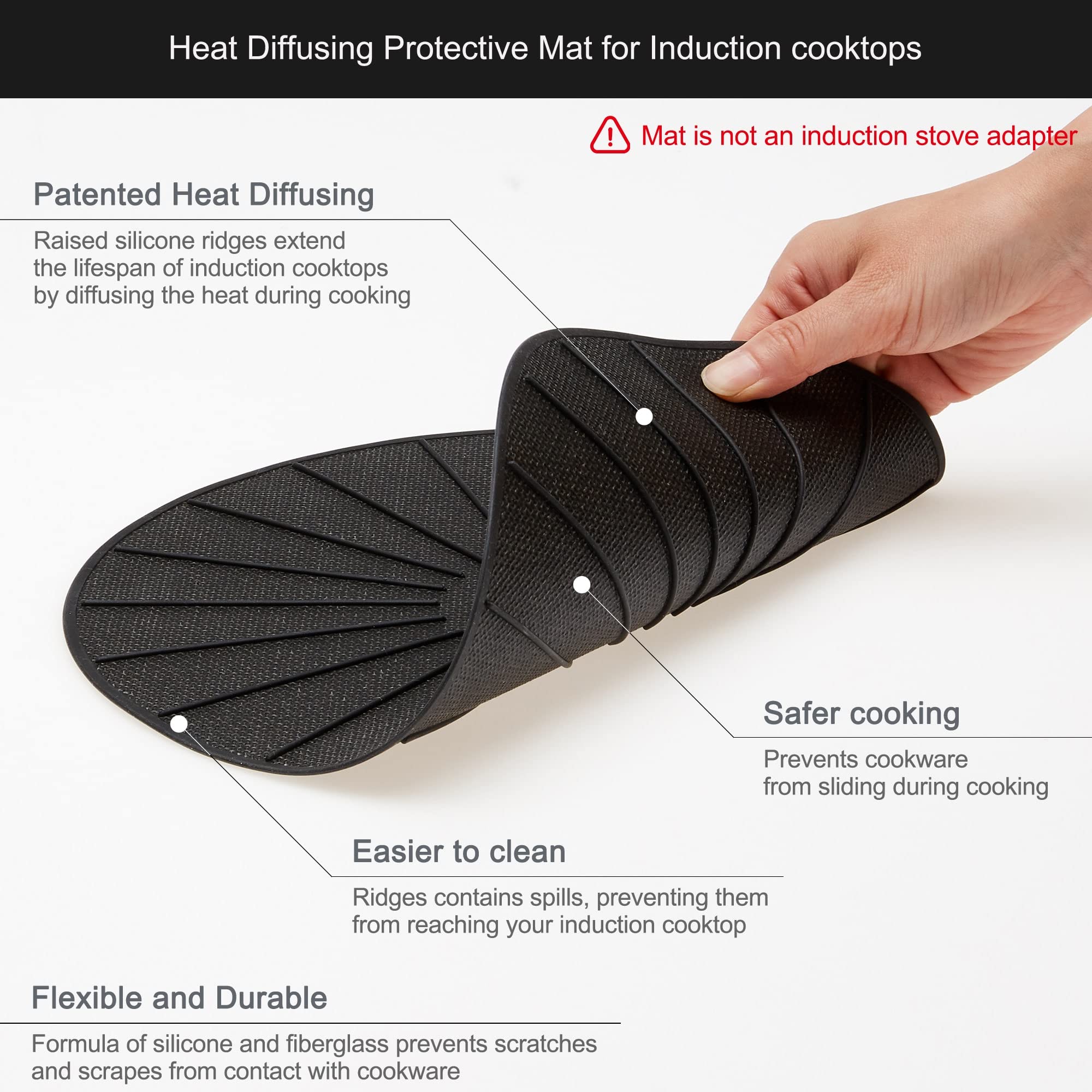 Non-Slip Silicone Fiberglass Induction Cooktop Mat - Scratch Protector for Magnetic Stove - Prevents Pots from Sliding While Cooking - Black (9.4 Inches) - Perfect for Kitchen Safety & Easy Cleaning