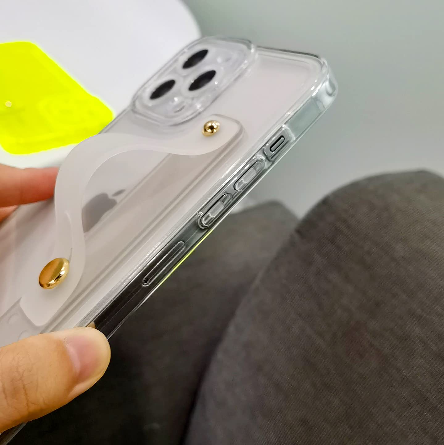 Omio Clear TPU Silicone Shockproof Case for iPhone 12 Pro Max - Slim Protective Cover with Wristband Grip & Stand, Fluorescent Neon Green Design - Perfect for Women & Girls (Ideal for Daily Use, Gym, Travel & Outdoor Activities)