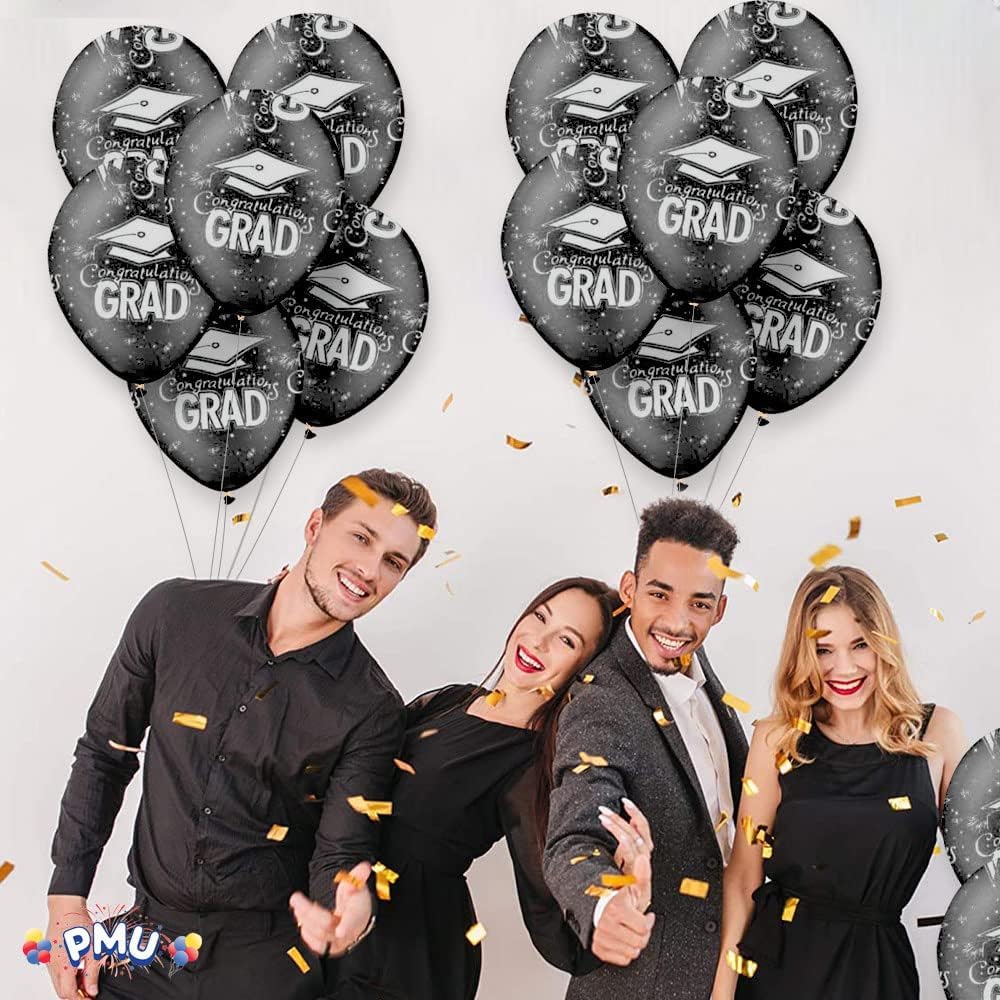 PMU Premium Black Graduation Balloons with All-Over Print White Graduation Caps, Confetti & Streamers - 25 Pack Latex Party Balloons for Graduation Decorations, Photo Backdrops & Celebration Events