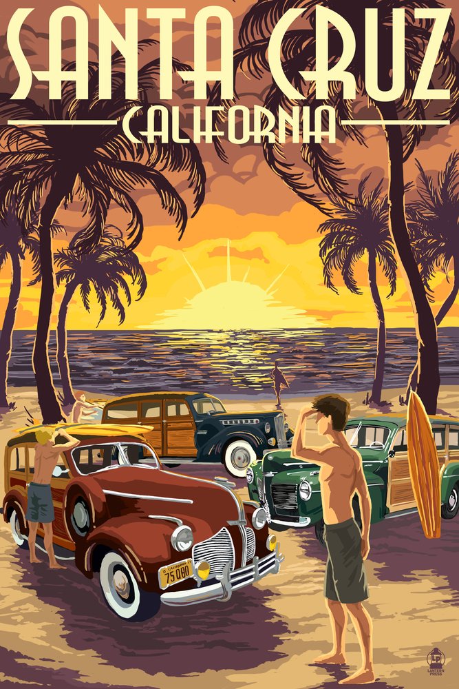 Santa Cruz California Vintage Woodies Beach Metal Wall Art - 12x18 Gallery Quality Aluminum Decor for Coastal & Surf Themed Home, Office, or Bar