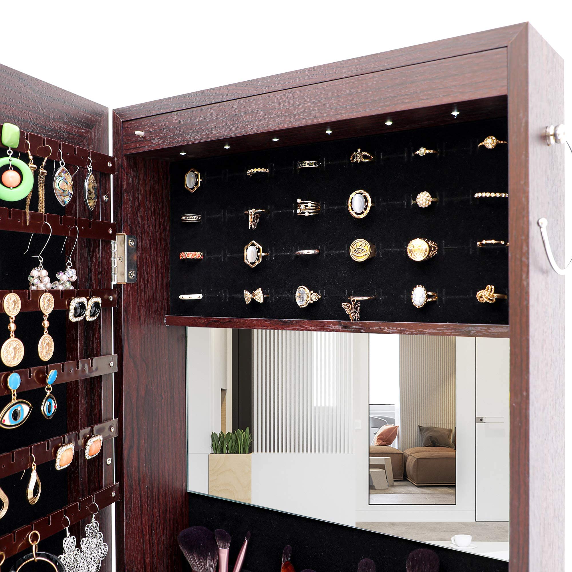 6 LED Jewelry Armoire Organizer - Wall/Door Mounted Full Length Mirror Jewelry Cabinet with Built-in Lights, Fashion Jewelry Storage for Necklaces, Rings & Earrings - Perfect for Bedroom, Closet & Dressing Room Organization (Brown)