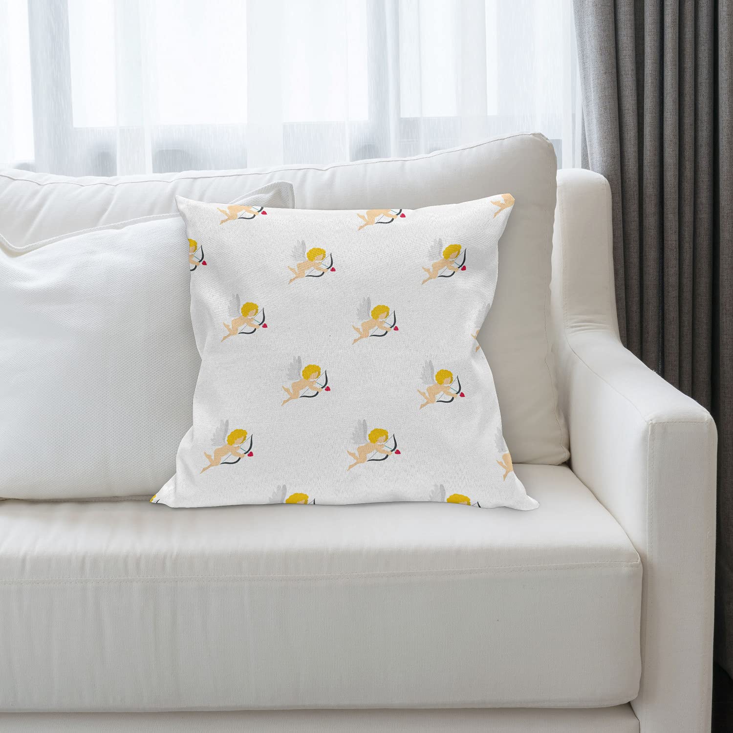 Ambesonne Angel Throw Pillow Cover 18x18 Inches - Cupid Love Arrow Mythic Romance Design, Decorative Square Cushion Case in Earth Yellow White Peach - Perfect for Living Room, Bedroom Sofa Decor
