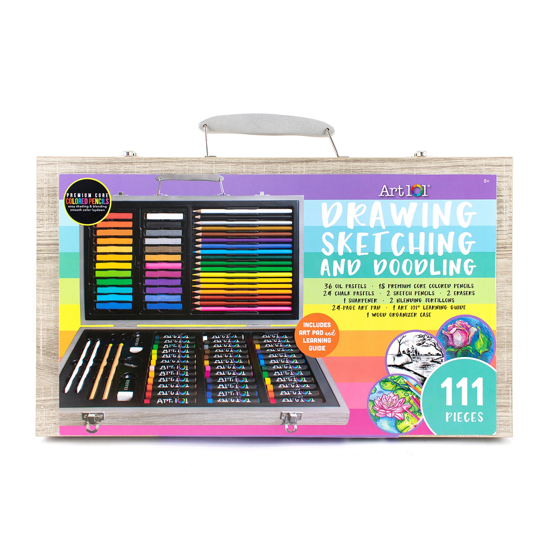Art 101 Ultimate Drawing, Sketching & Doodle Wood Art Set - 111 Piece Professional Artist Kit with Pencils, Charcoal & Accessories for Beginners & Professionals - Perfect for Sketching, Doodling & Creative Art Projects