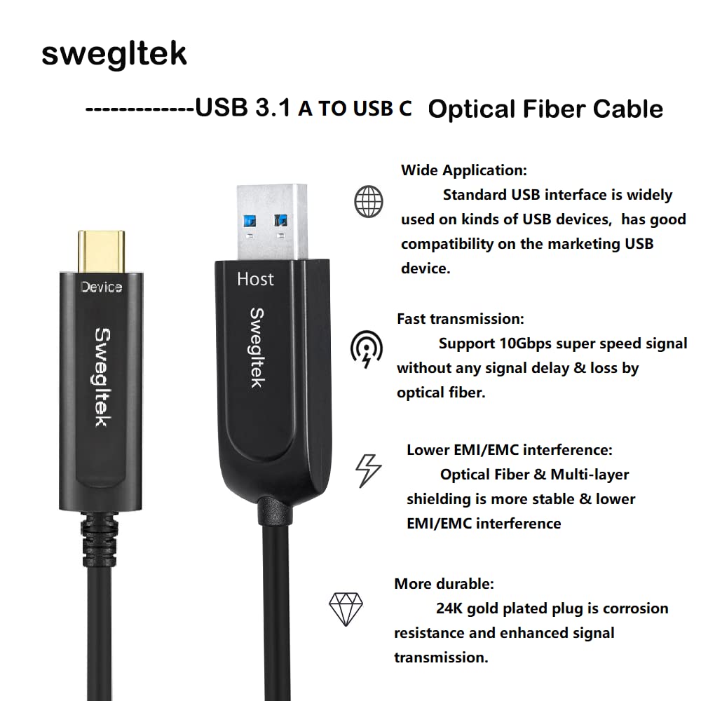 High-Speed 33ft USB A to USB C Fiber Optic Cable 10Gbps - Compatible with Industrial Cameras, Medical Equipment, Printers & Gaming Controllers - Perfect for Machine Vision, Security Systems & Broadcast Studios