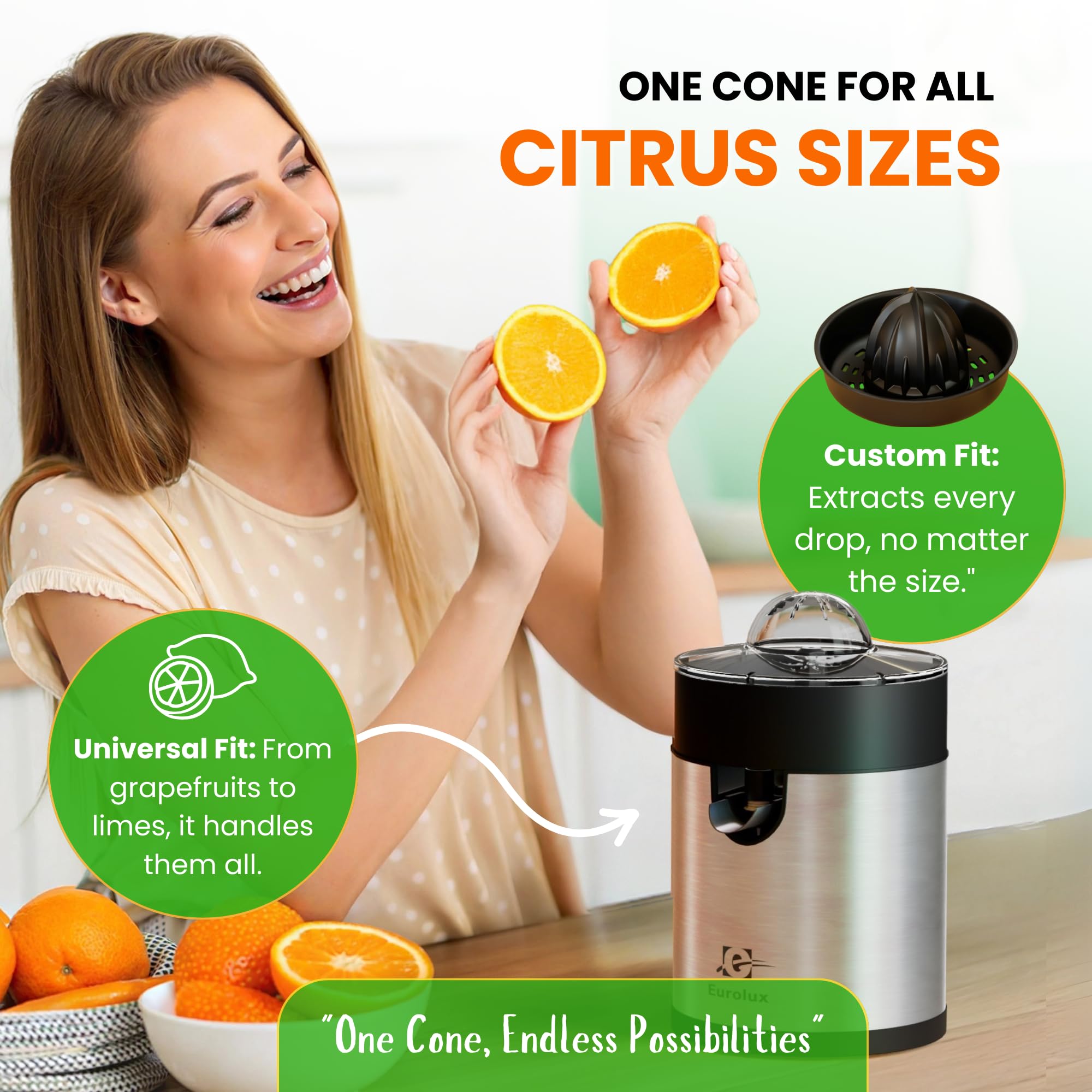 Eurolux Electric Orange Juicer - Powerful Citrus Press for Lemon, Lime & Grapefruit | High-Speed Motor, Dishwasher Safe, Easy to Clean | Perfect for Breakfast, Cocktails & Healthy Juicing at Home