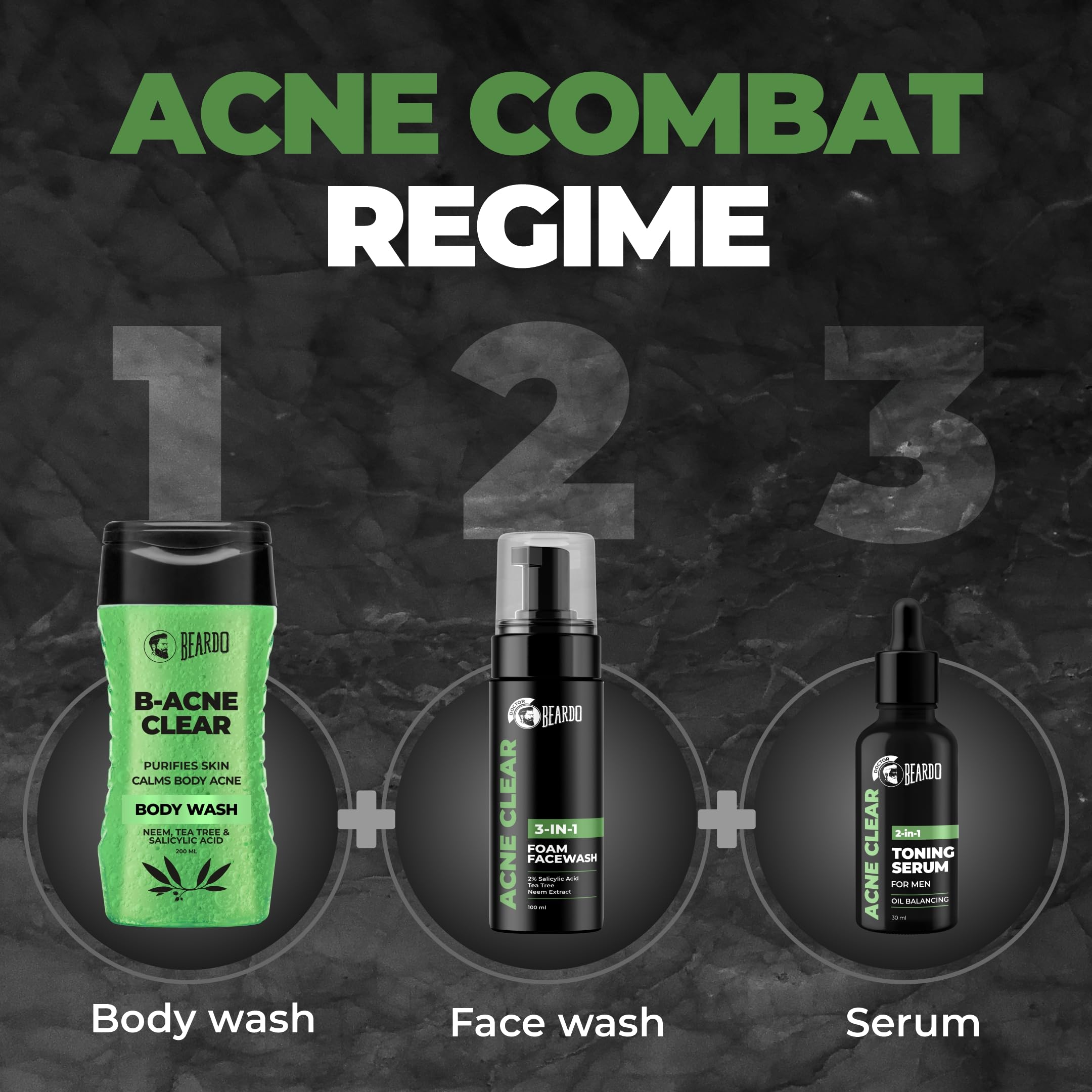 BEARDO Acne Clear Body Wash 200ml, Foam Face Wash 100ml & 2-in-1 Toning Serum 30ml - 3-Piece Skincare Set for Acne-Prone Skin - Perfect for Daily Face & Body Cleansing Routine