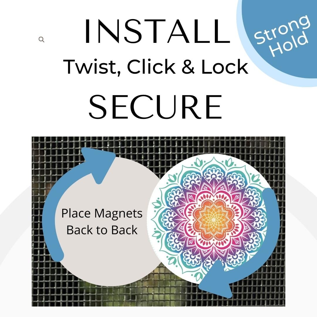 Twist, Click & Lock Screen Door Magnets - Secure Magnetic Screen Door Locks for People & Pets - Mandala Decor by Robbins Aria - Perfect for Homes, Patios & Pet Safety