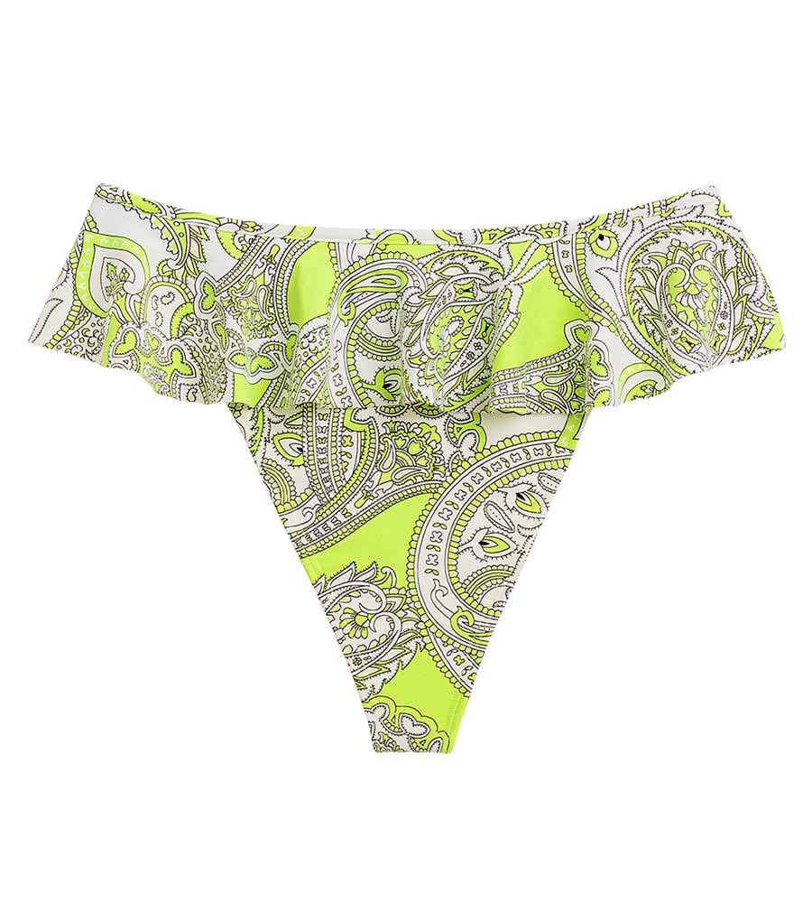 Montce Chartreuse Paisley Print Tamarindo Ruffled Bikini Bottom - Sexy Swimwear for Beach Vacation & Pool Party