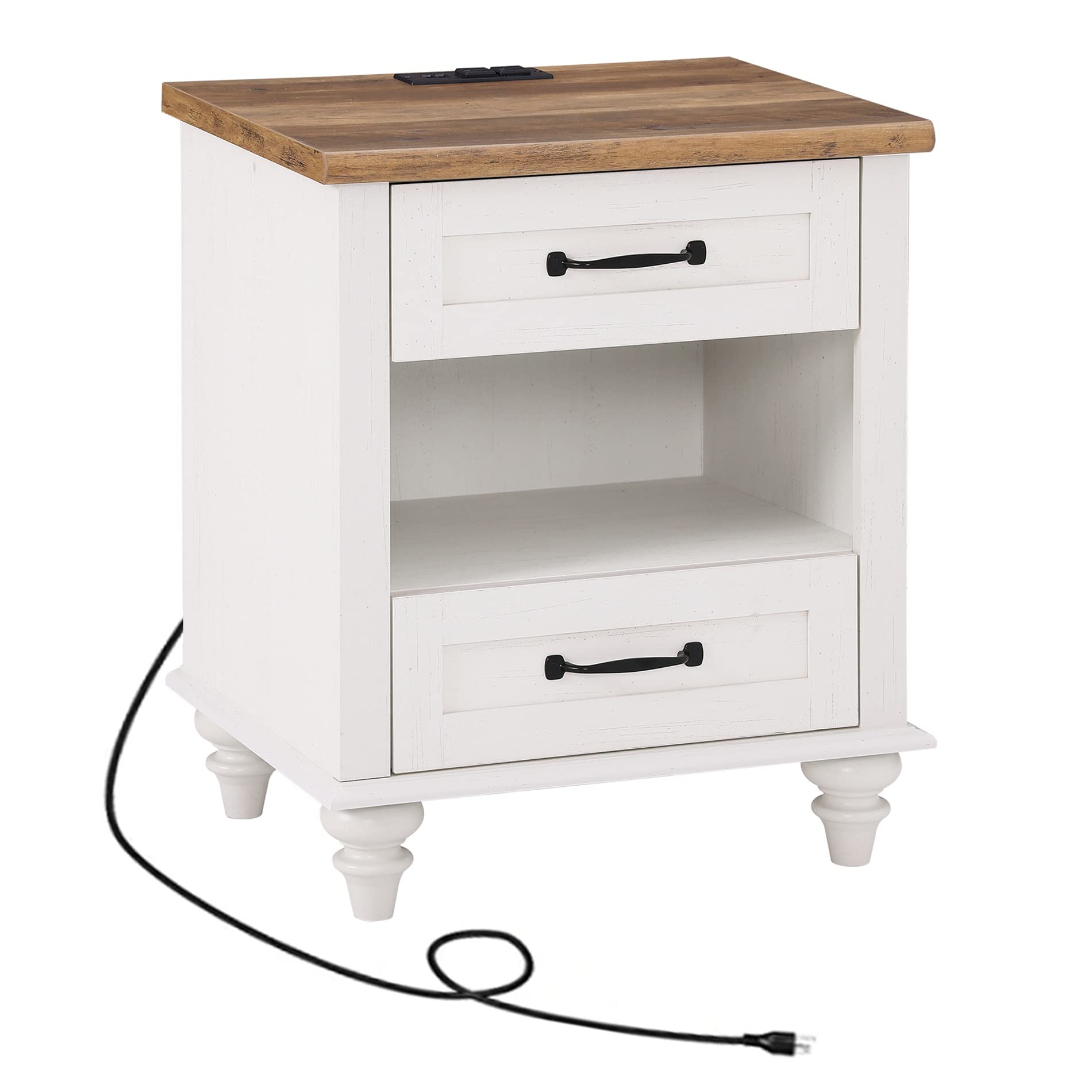 WAMPAT White Nightstand with USB Charging Station, 2 Drawers & Open Shelf - Mid-Century Modern Bedside Table with Solid Wood Legs for Bedroom, Living Room - Perfect for Small Spaces, Apartment Furniture & Home Office Organization