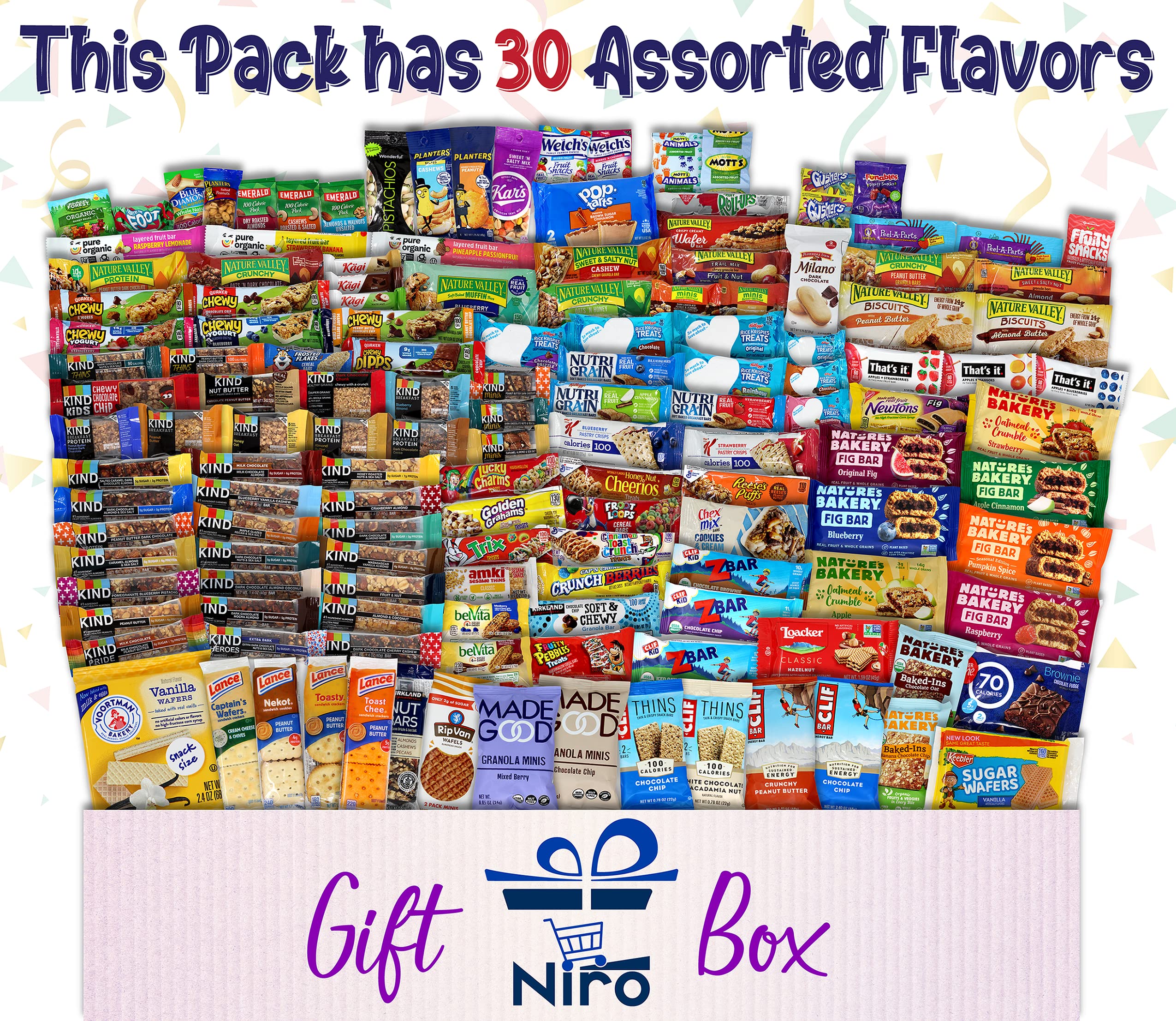 Niro Assortment Ultimate Snack Box - 30 Count Variety Pack with Energy Bars, Nuts & Dried Fruits | Healthy Office Snacks, Care Package for Adults | Perfect for Work, Travel & Gift Giving