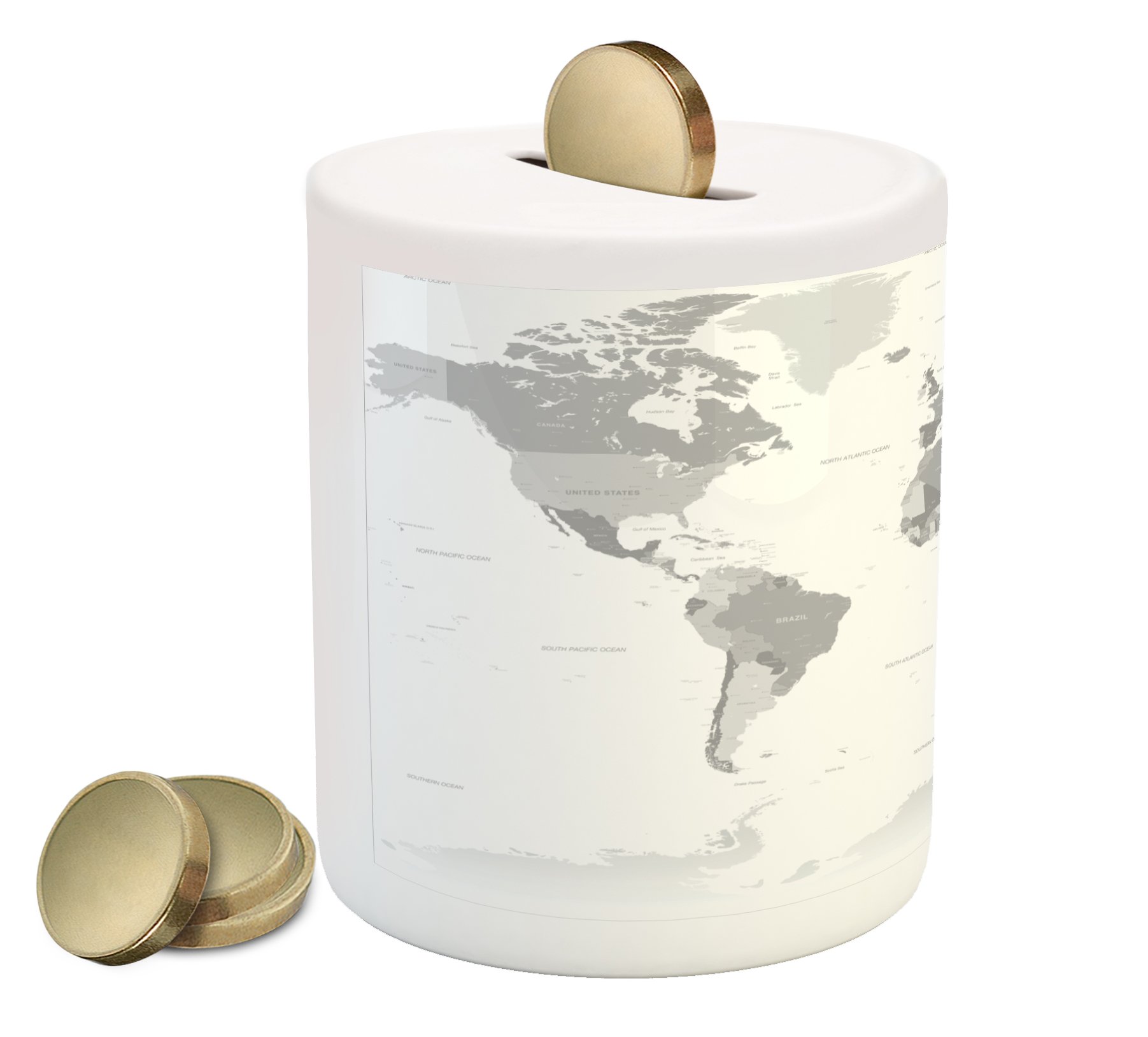 Ambesonne Grey Piggy Bank - Detailed World Map with Countries & Capitals, Printed Ceramic Coin Bank for Cash Saving (Grey & White) | Perfect Gift for Travel Lovers & Geography Enthusiasts