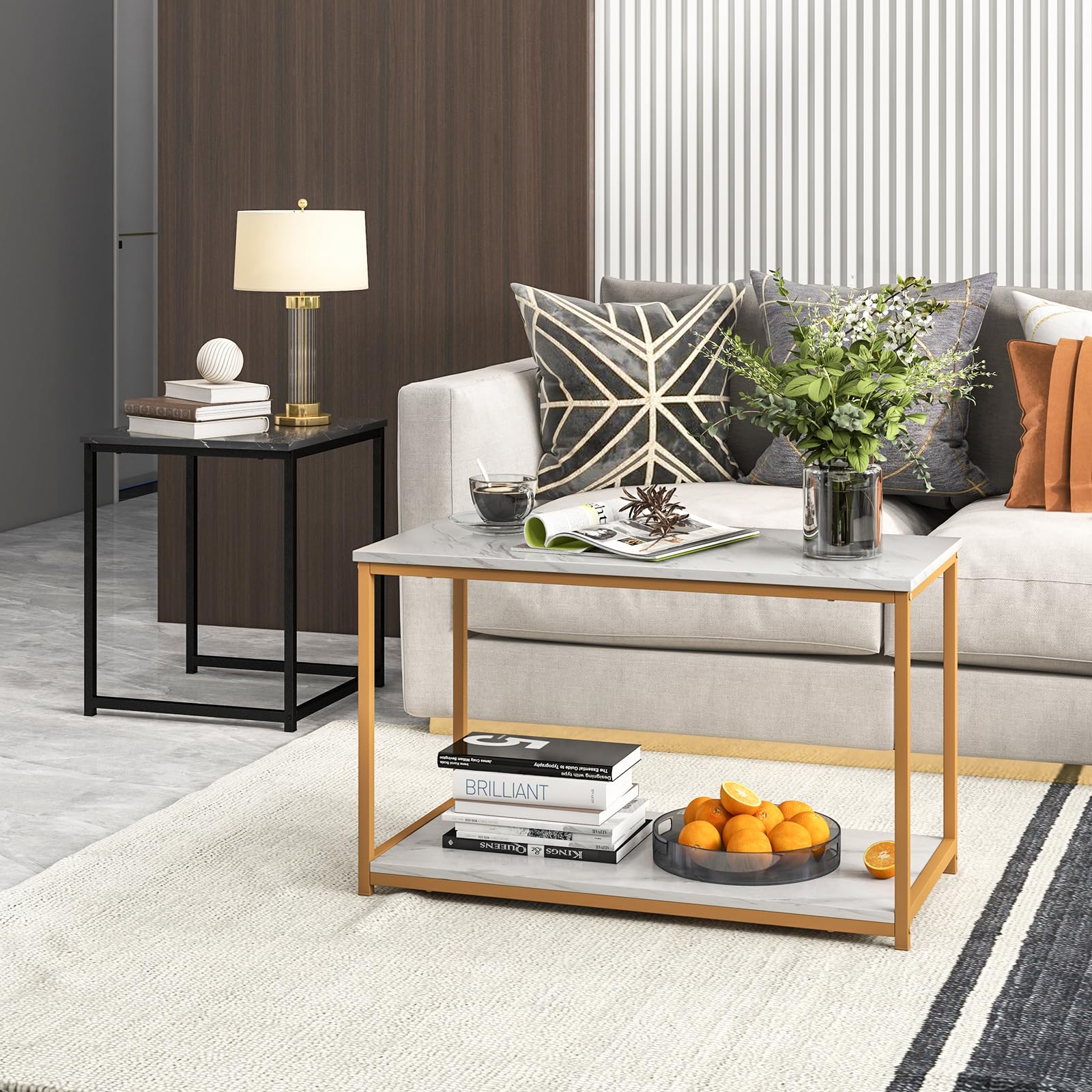 COSTWAY 3-Piece Nesting Coffee Table Set with Faux Marble Top & Heavy-Duty Metal Frame - Modern Rectangular End Tables for Small Spaces, Living Room, Bedroom | Perfect for Sofa Side Tables, Coffee Table Decor & Compact Home Furniture