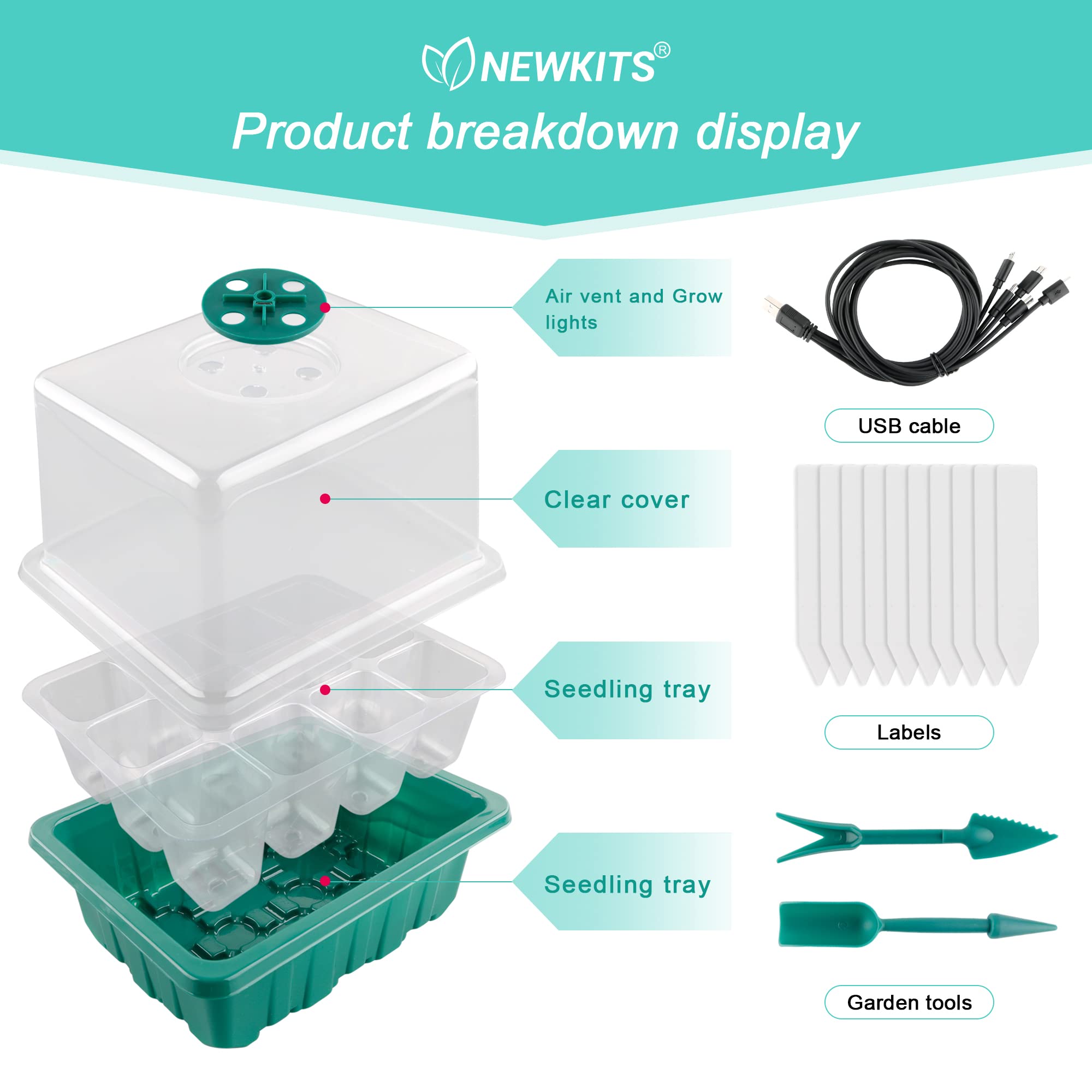 Seed Starter Tray with Grow Light - 12 Cell Plant Germination Kit with Humidity Dome & Base for Hydroponic Wheatgrass, Microgreens & Indoor Gardening | Perfect for Greenhouse, Home Growers & Classroom Projects