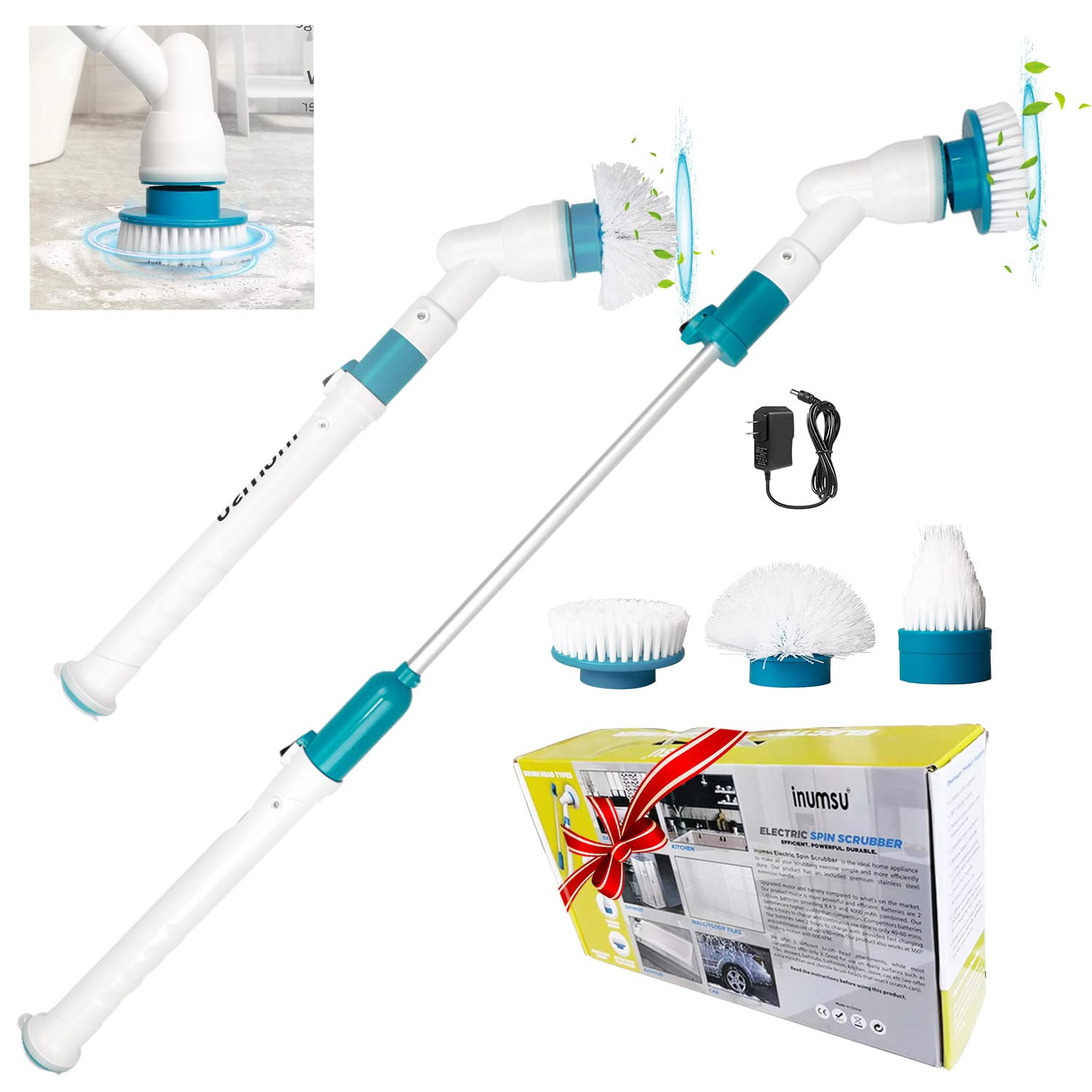 Inumsu Electric Spin Scrubber - 8.7V 2000mAh Power Scrub Brush with 3 Replaceable Heads & Extendable Handle - Perfect for Shower, Kitchen, Bathroom, Tile, Sink, Car Cleaning - Effortless Deep Cleaning for Tough Grime & Stains