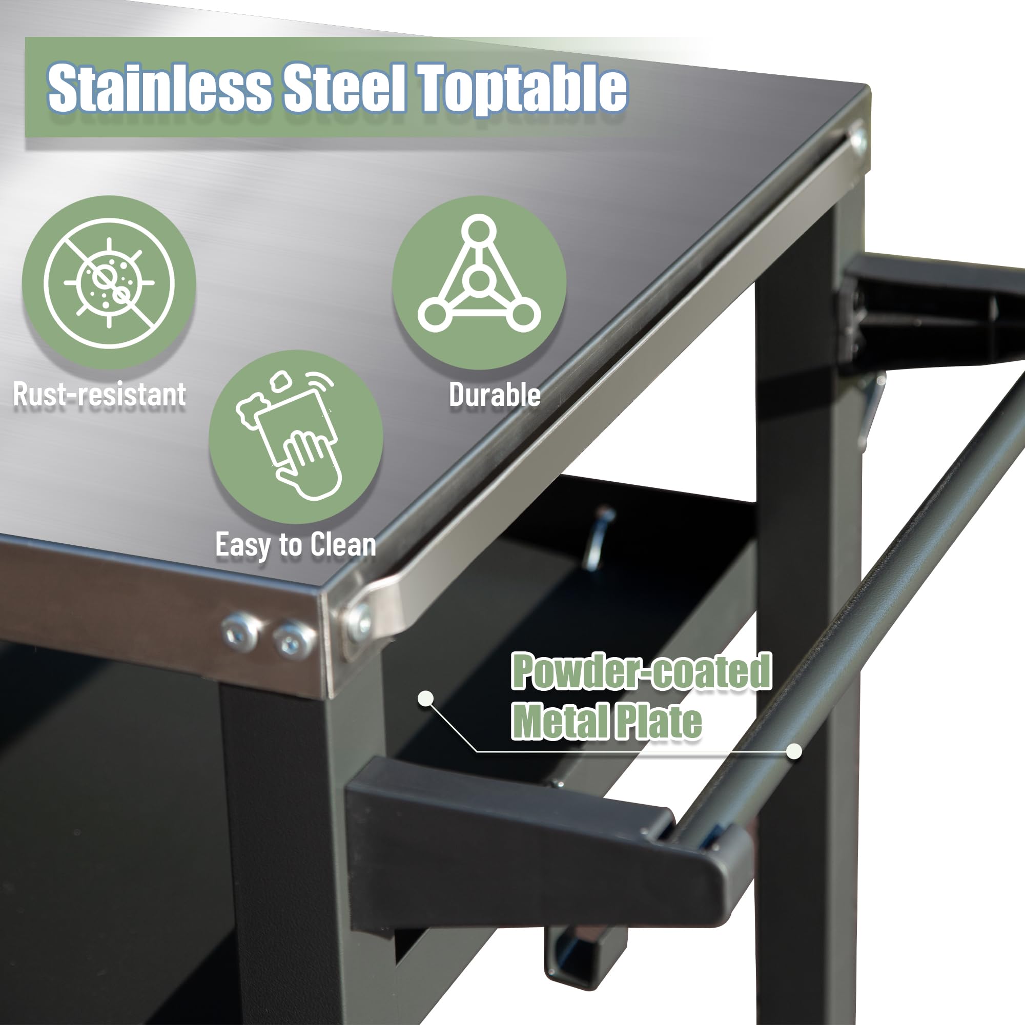 Domi 3-Tier Outdoor Grill Cart with Wheels - Stainless Steel Pizza Oven & Food Prep Station - Blackstone Griddle Stand for Backyard BBQ, Patio Cooking & Tailgating Parties