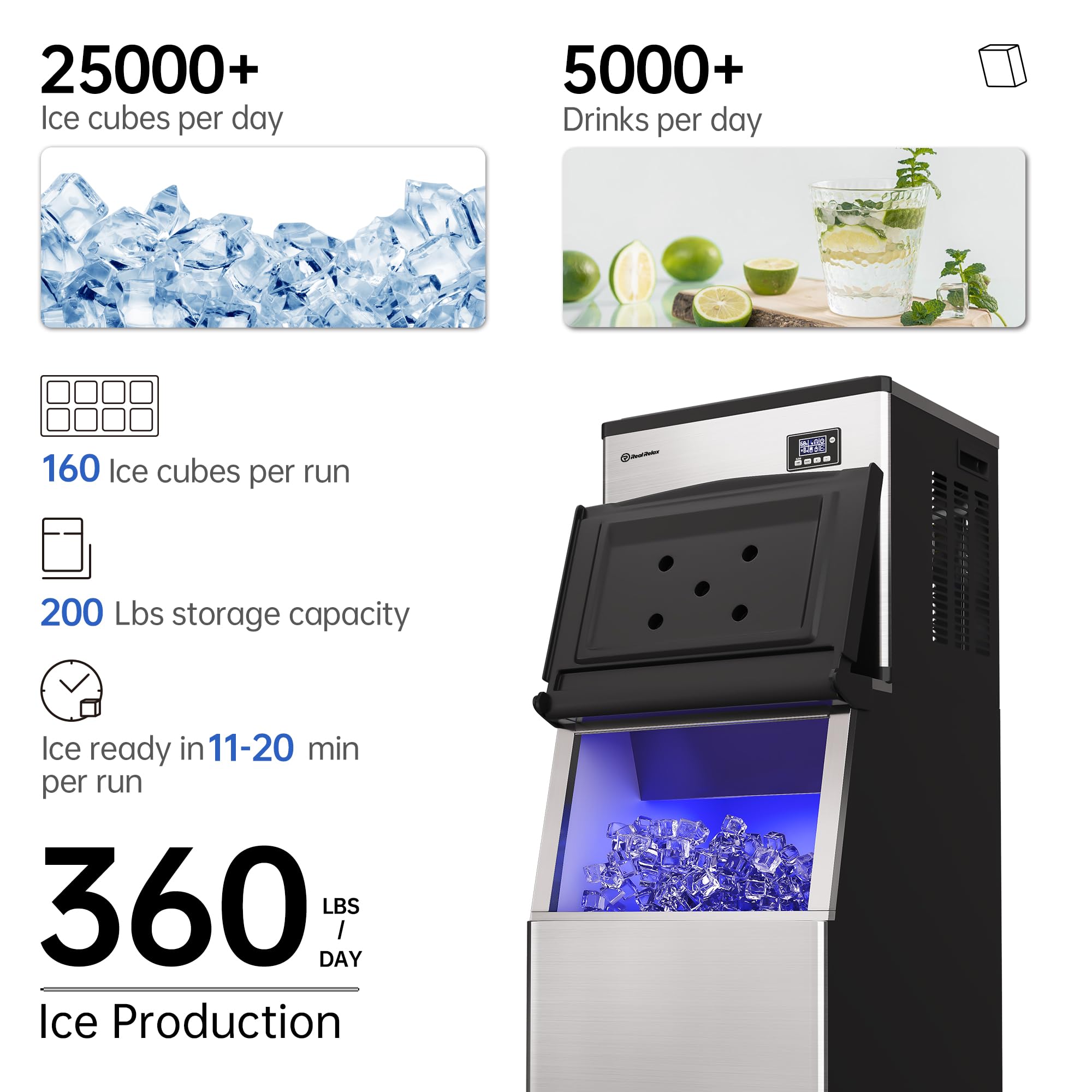 Commercial Ice Maker Machine 360 lbs/24h, 200 lbs Ice Storage Bin, Stainless Steel Self-Cleaning with LCD Display - Freestanding Ice Maker for Home, Bar, Restaurant, Office - Includes Connecting Hose (Silver) - Perfect for Cocktails, Beverages & Large Gatherings