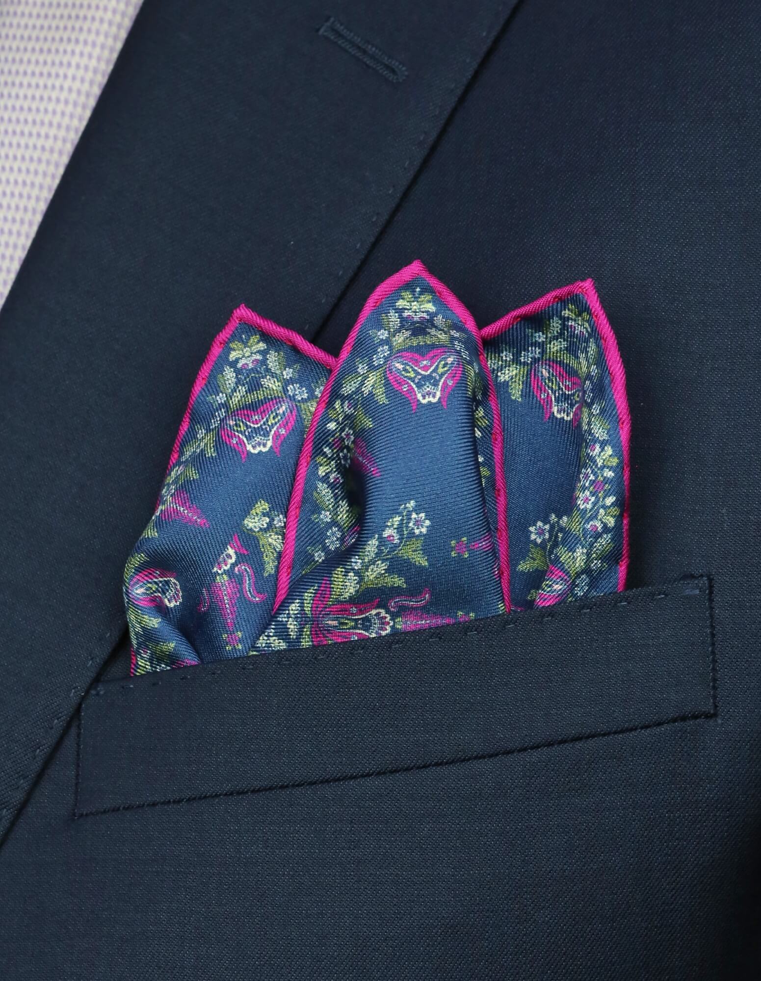 DÉCLIC Ashington Floral Pocket Square for Men - Navy Blue Silk Handkerchief - Perfect for Weddings, Formal Events & Suit Accessories