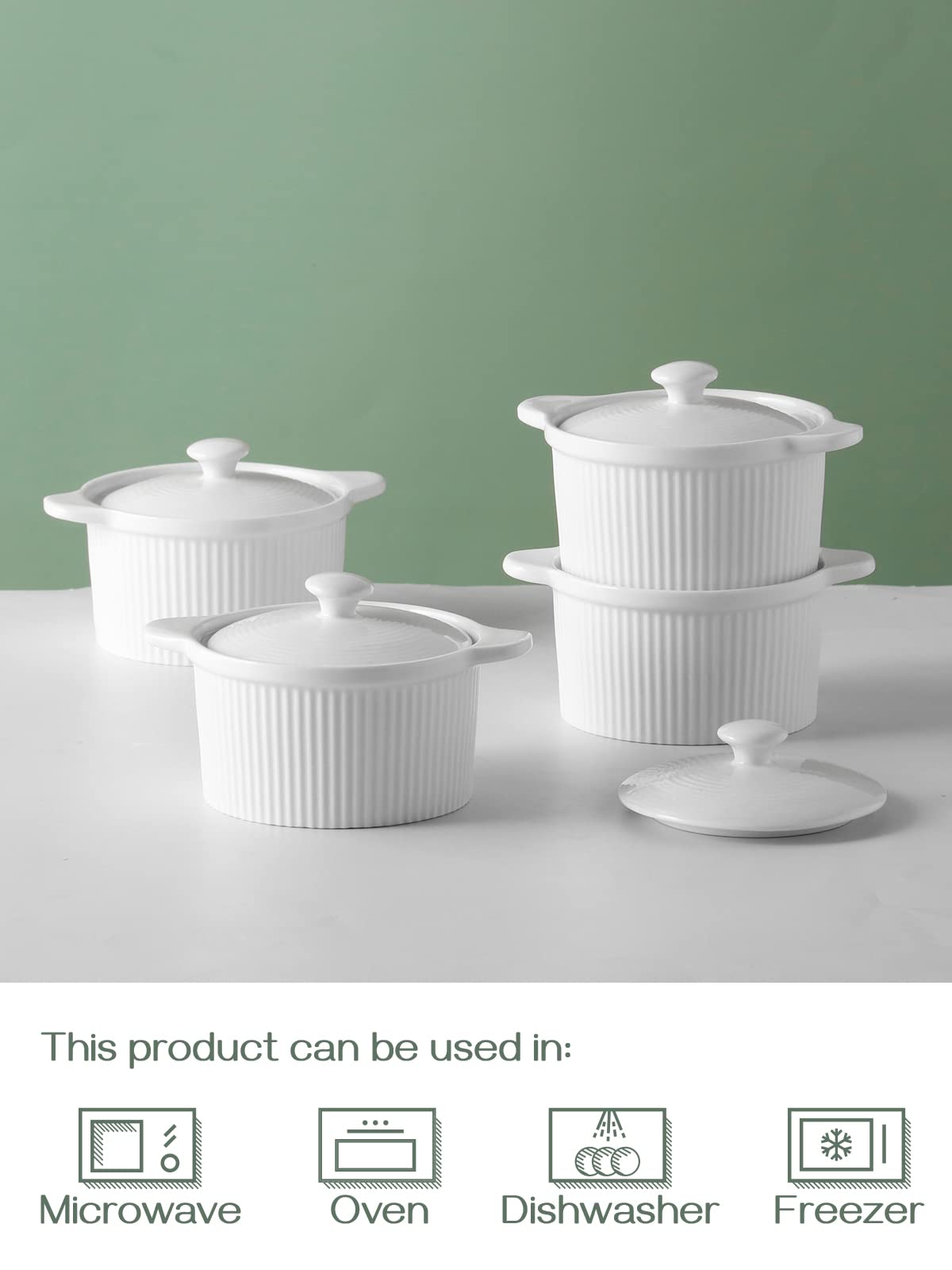 DOWAN 7oz Porcelain Ramekins with Lids - Oven Safe for Baking, Souffle & Soup - Set of 4 White