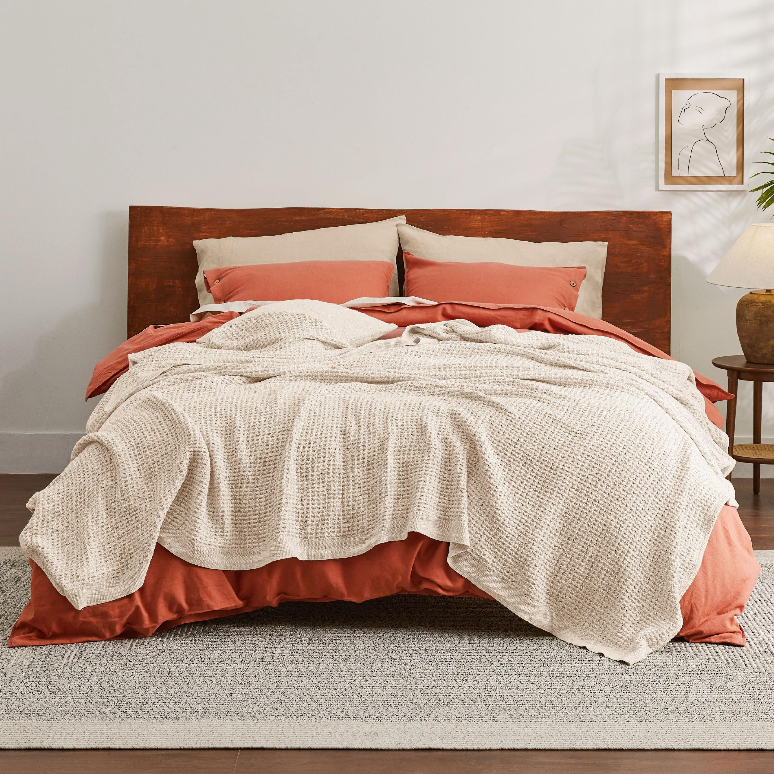 Bedsure 100% Cotton King Size Blanket - Ultra Soft & Breathable Waffle Weave Blanket for Summer & Spring, Beige, 104x90 Inches - Perfect for Bed, Couch, and Guest Room Comfort
