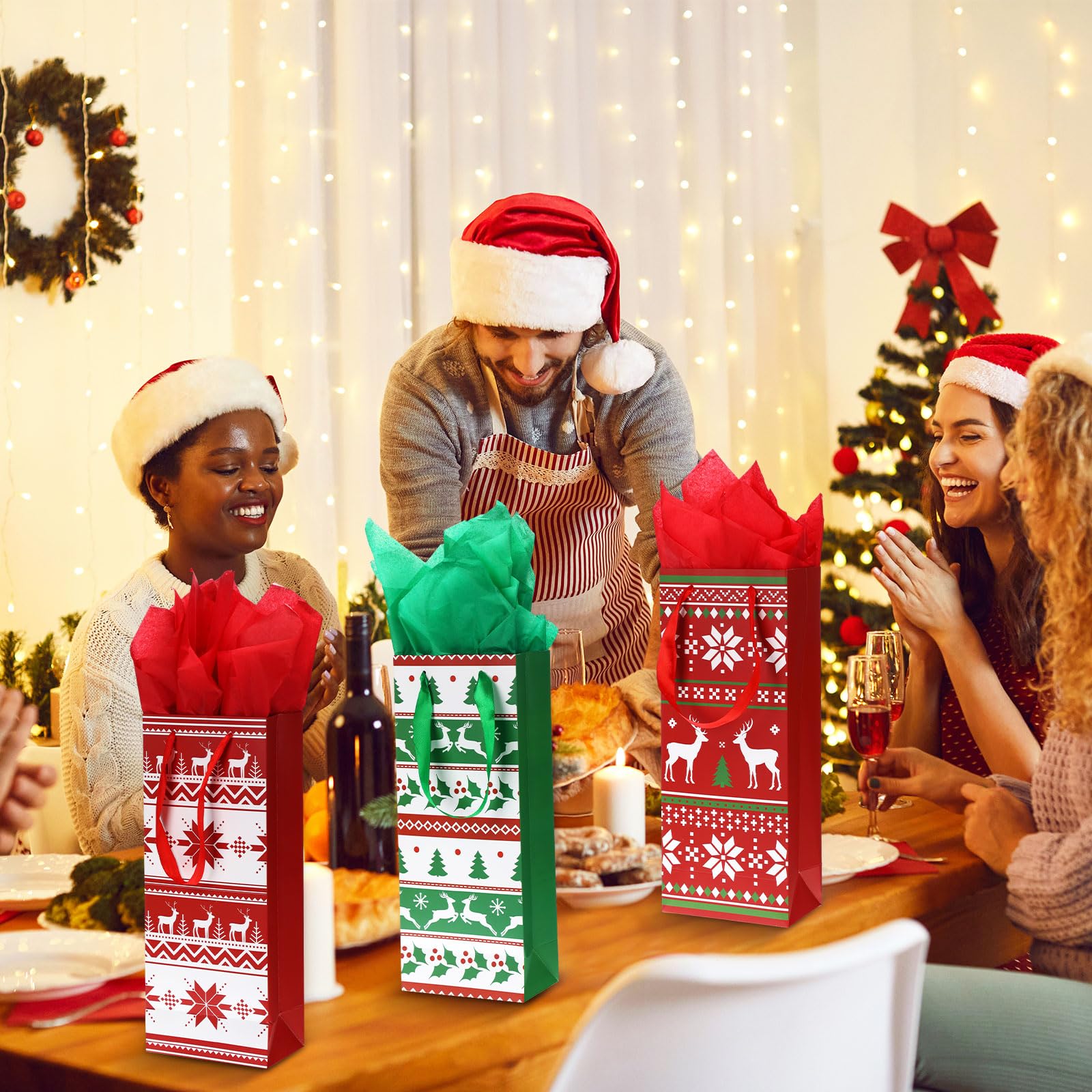 Blulu 12-Piece Christmas Wine Bottle Gift Bags Set with Tissue Paper - Reusable Knit Sweater Wrapping Bags for Holiday Party Favors, Xmas Presents & Winter Celebrations - Perfect for Wine Gifts, Christmas Decorations & Festive Table Settings