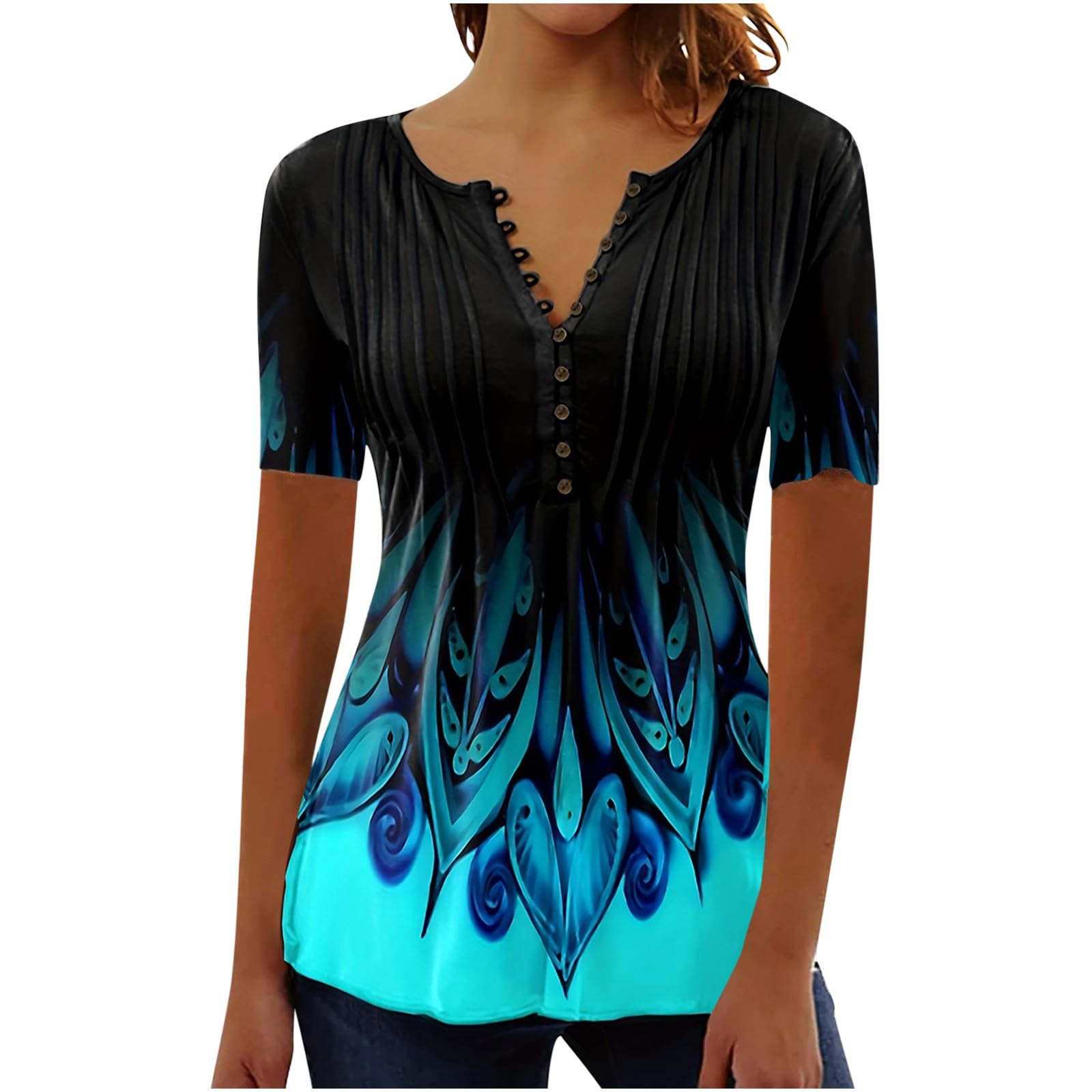 Women's Floral Boho Blouse - Short Sleeve V-Neck Button Down Top for Casual & Dressy Summer Outfits | Perfect for Date Nights, Office Wear & Vacation Outfits