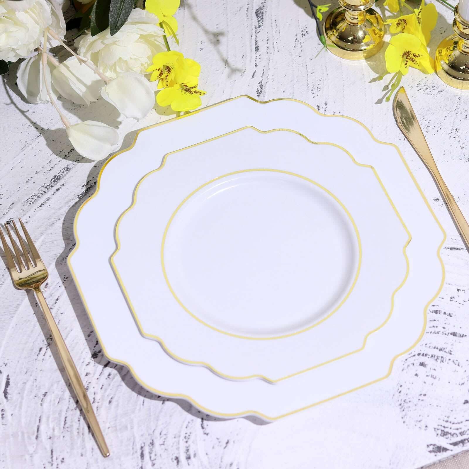Efavormart 10 Pack 8 Inch White Plastic Dessert Plates - Disposable Gold Rim Baroque Style Salad Plates for Parties, Weddings & Elegant Events