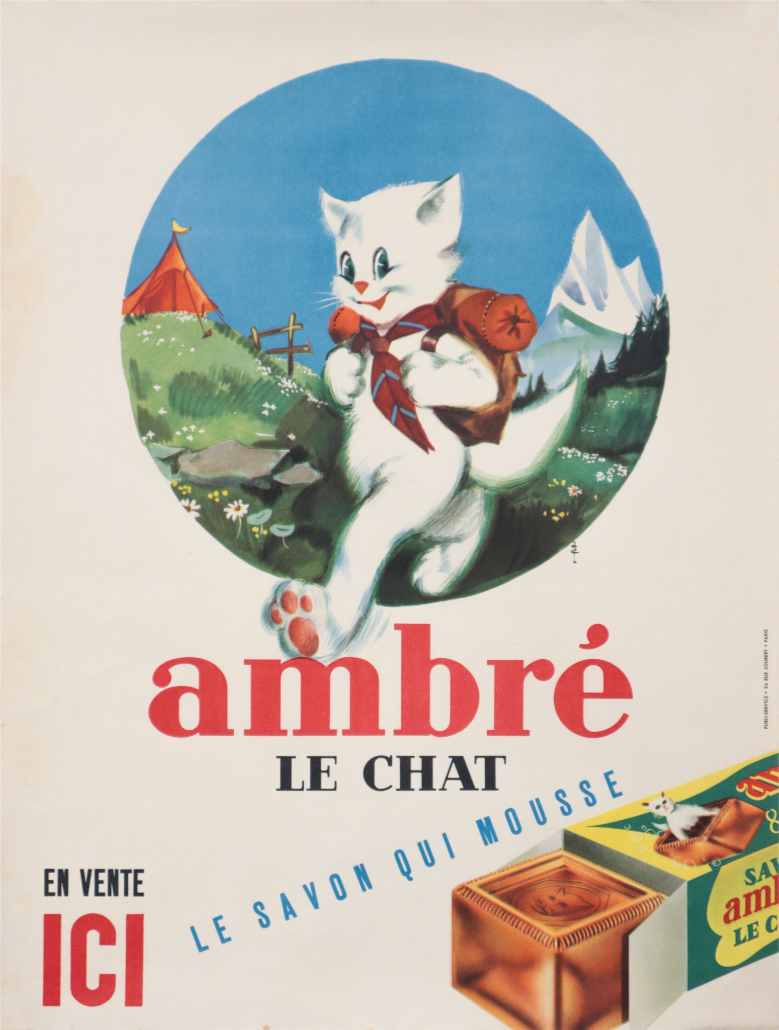 Vintage 1940s French Soap Advertisement Poster - Ambré Le Chat (The Foaming Soap) - Perfect for Retro Home Decor & Collectors