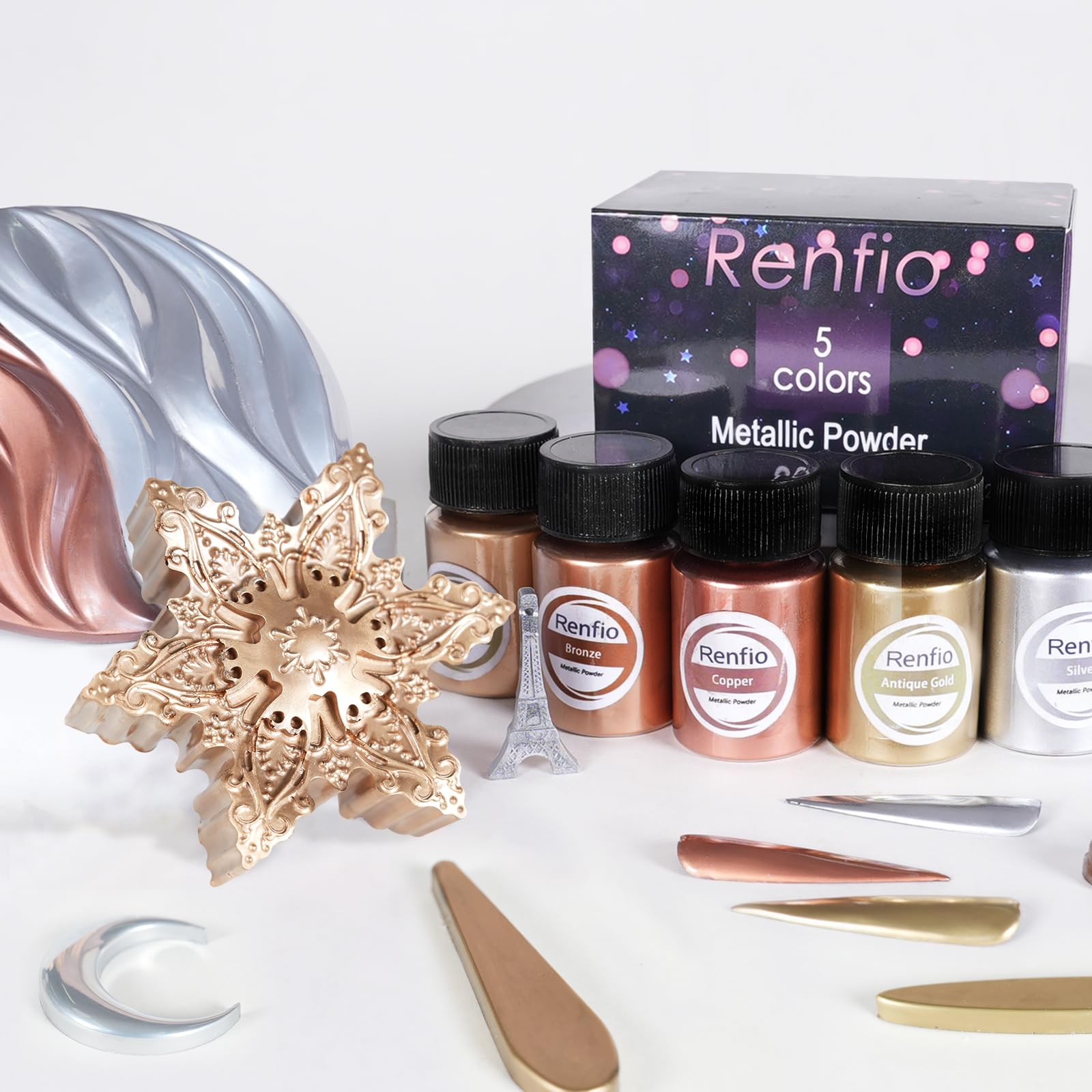 Renfio Metallic Pigment Powder - 5 Colors Gold Mica Powder for Resin, Epoxy, Polymer Clay & Candle Making - 6 x 20ml Metal Powder Pigment Set - Perfect for DIY Crafts, Kintsugi Art, Soap Making & Nail Art Designs