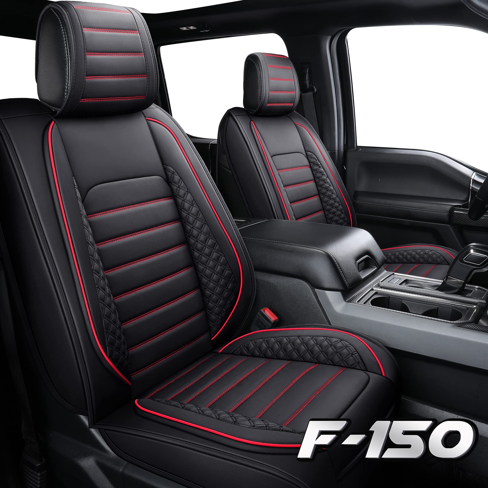 YIERTAI Waterproof Faux Leather Seat Covers - Full 5-Piece Set for 2009-2025 Ford F150 & 2017-2025 F250 F350 F450 SVT King Ranch SuperCab Lariat Pickup Trucks (Black-Red) - Durable Protection & Comfort for Work, Off-Roading & Daily Commutes