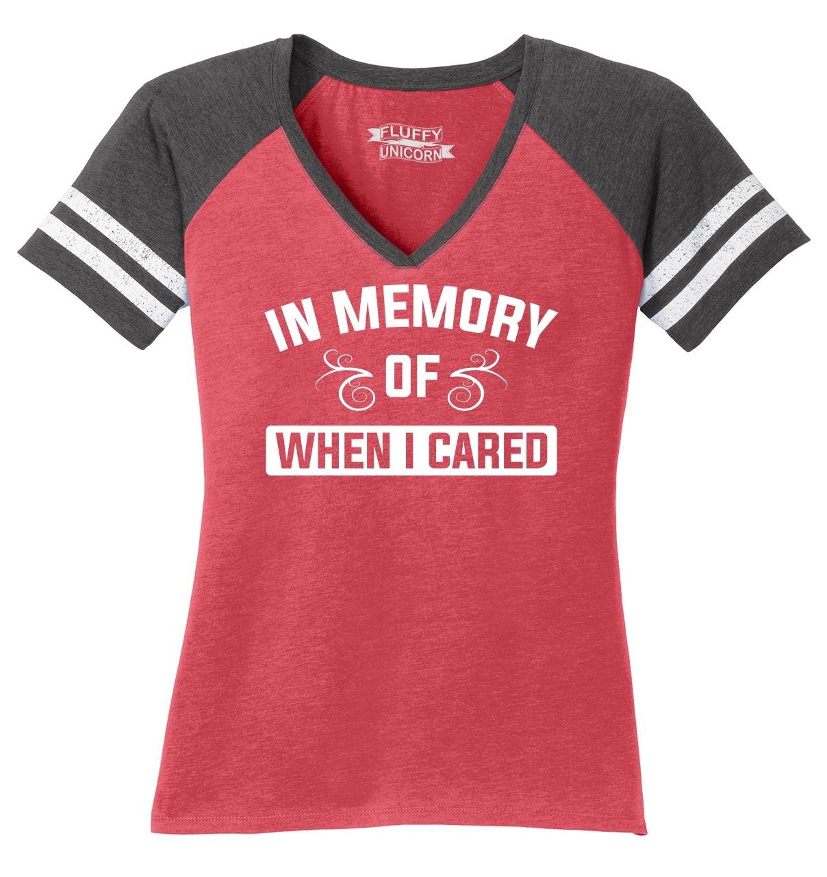 Funny Women's V-Neck T-Shirt - 'In Memory of When I Cared' Humorous Graphic Tee for Casual Wear & Gifts