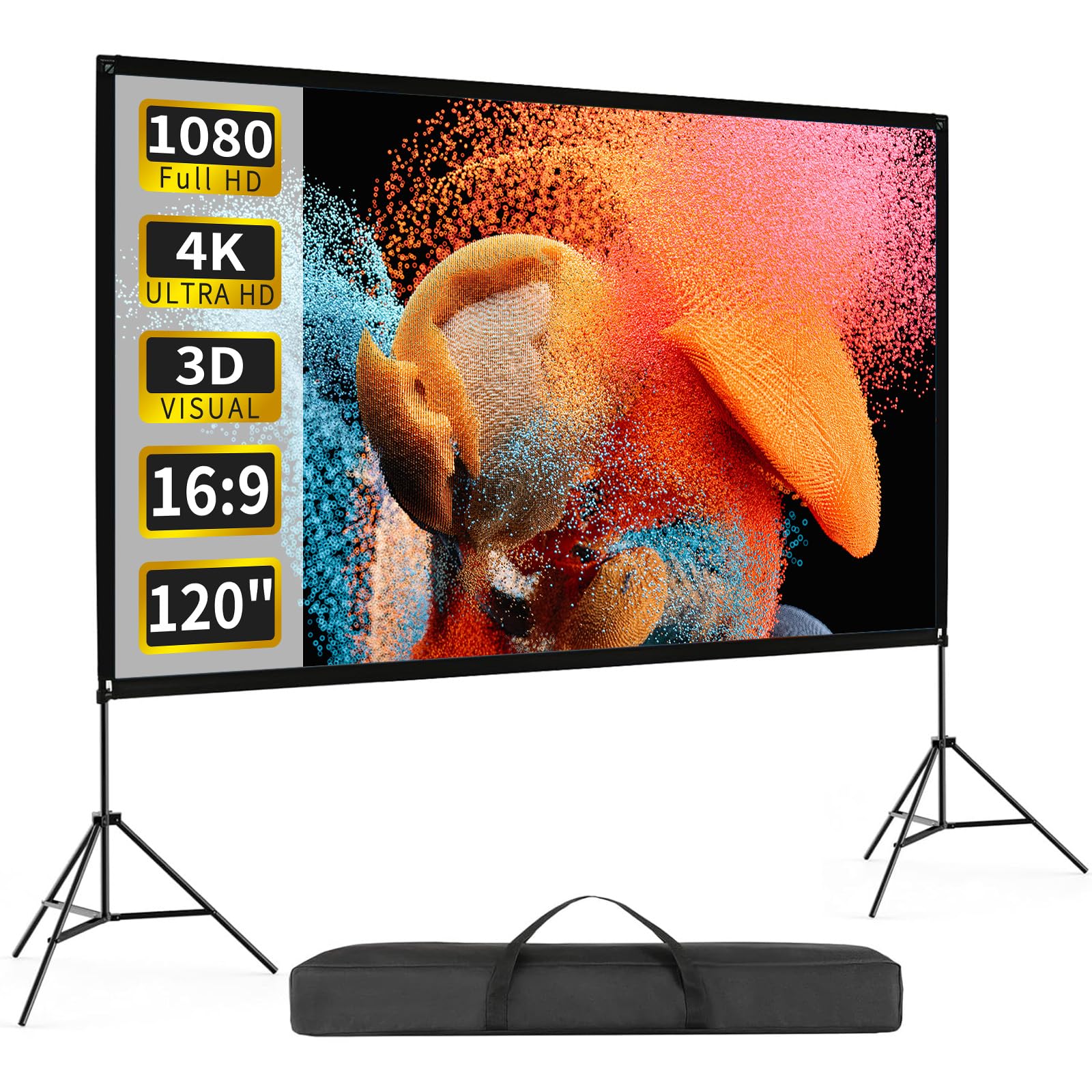 120 Inch Portable Projector Screen with Stand - 16:9 HD 4K Wrinkle-Free Foldable Movie Screen for Indoor/Outdoor Use - Front & Rear Projection with 160° Viewing Angle & Carry Bag - Perfect for Home Theater, Backyard Movies, and Presentations