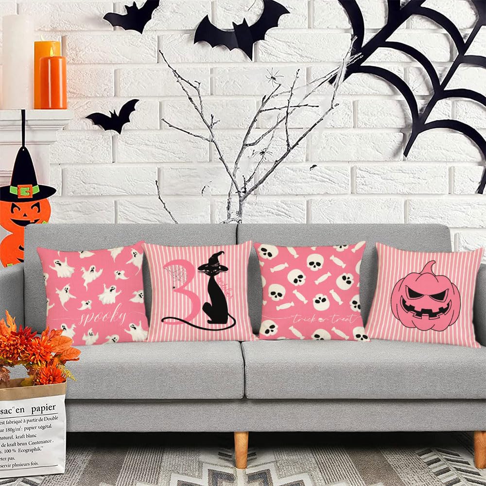 Halloween Pillow Covers 12x12 Inch Set of 4 - Cute Pink Ghost Skull Cat Pumpkin Decorative Throw Pillow Cases for Sofa, Couch, Bed - Spooky Home Decor & Outdoor Halloween Party Decoration