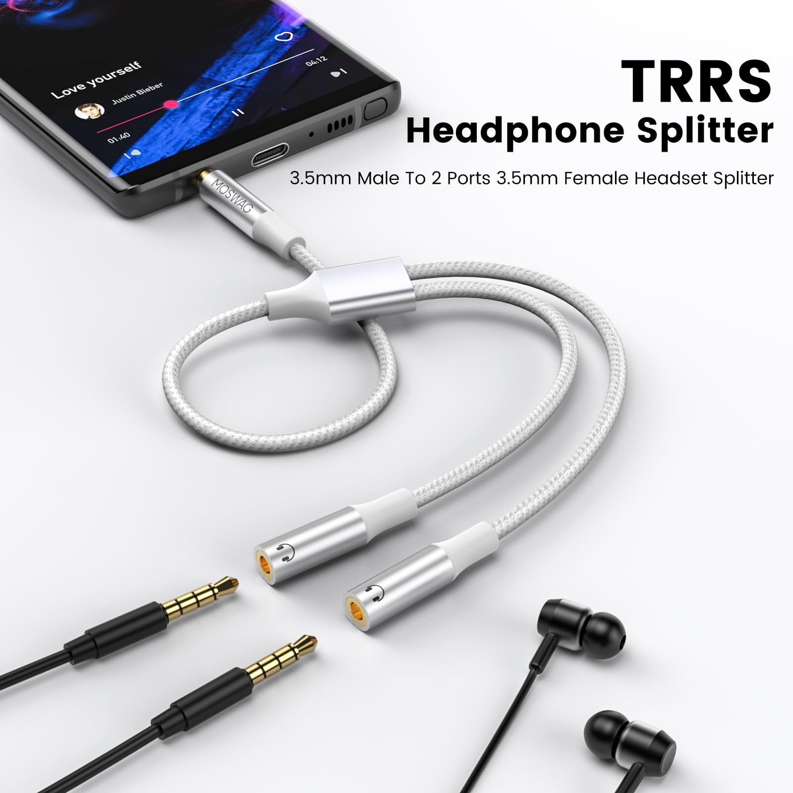 MOSWAG 3.5mm Headphone & Microphone Splitter Cable - Male to Dual Female Audio Y Adapter for iPhone, Samsung, iPad, PC, Gaming & Recording (Compatible with Apple, Android, Tablets) - Perfect for Music Sharing, Podcasting & Online Classes