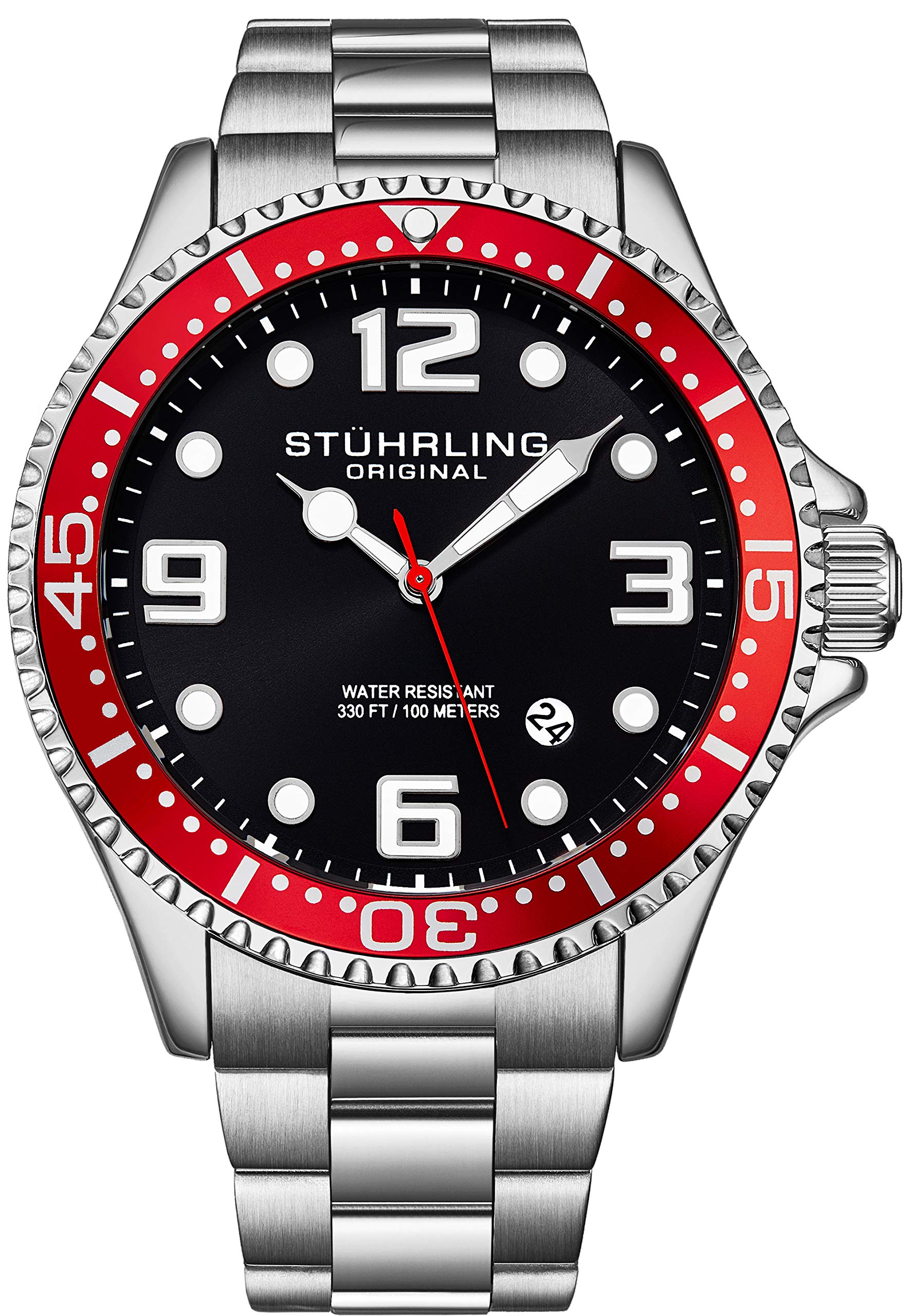 Stuhrling Original Men's Analog Dive Watch - 100M Water Resistant Sports Watch with Stainless Steel Bracelet | Durable Aqua-Diver Watch for Swimming, Snorkeling & Outdoor Activities