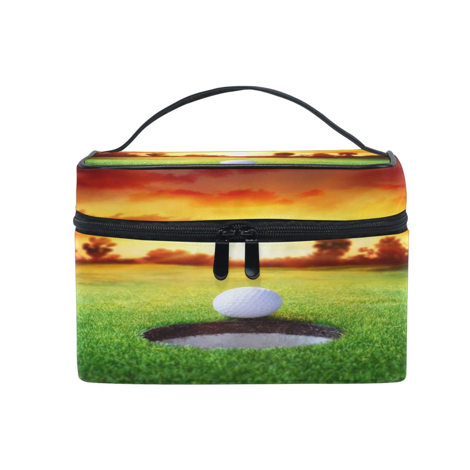 Stylish Sunset Pattern Golf Ball Cosmetic Bag for Women & Girls - Large Travel Makeup Organizer with Zipper, Toiletry Pouch & Brush Holder - Perfect for Travel, Gym & Daily Use