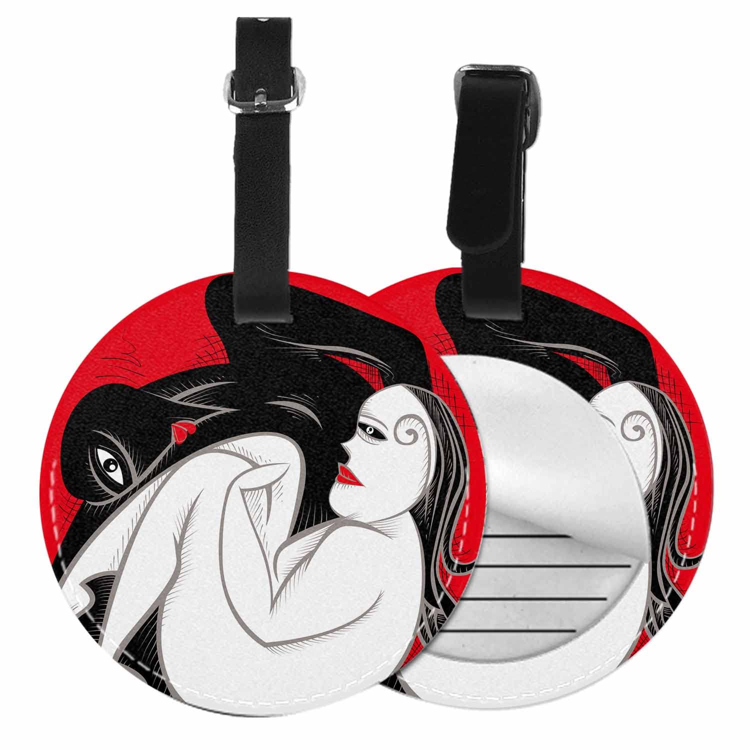 Zaueky Black & White PU Leather Luggage Tags - Durable Microfiber Suitcase ID Tags for Travel | Modern Round Baggage Identifiers for Women & Men | Perfect for Airports, Cruise Vacations & Business Trips