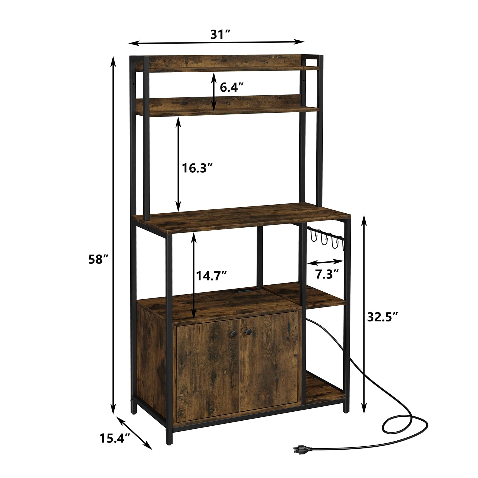 Furniouse 5-Tier Industrial Baker's Rack with Power Outlet & Storage Cabinet - Rustic Brown Kitchen Microwave Stand for Small Spaces | Perfect for Baking, Cooking & Kitchen Organization