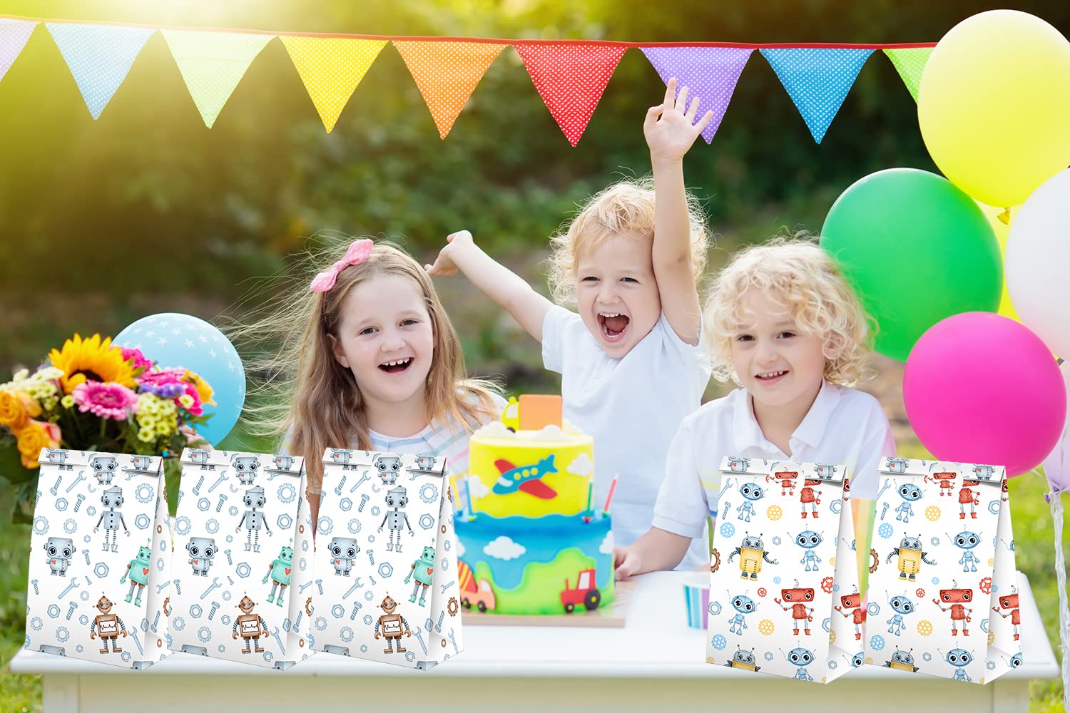 BonBeeDesign 24-Pack Robot Party Favor Bags with Stickers - Kids Birthday Goodie Bags for Candy & Treats - Robot Themed Party Supplies for Birthday Celebrations, Classroom Rewards & Halloween Treats