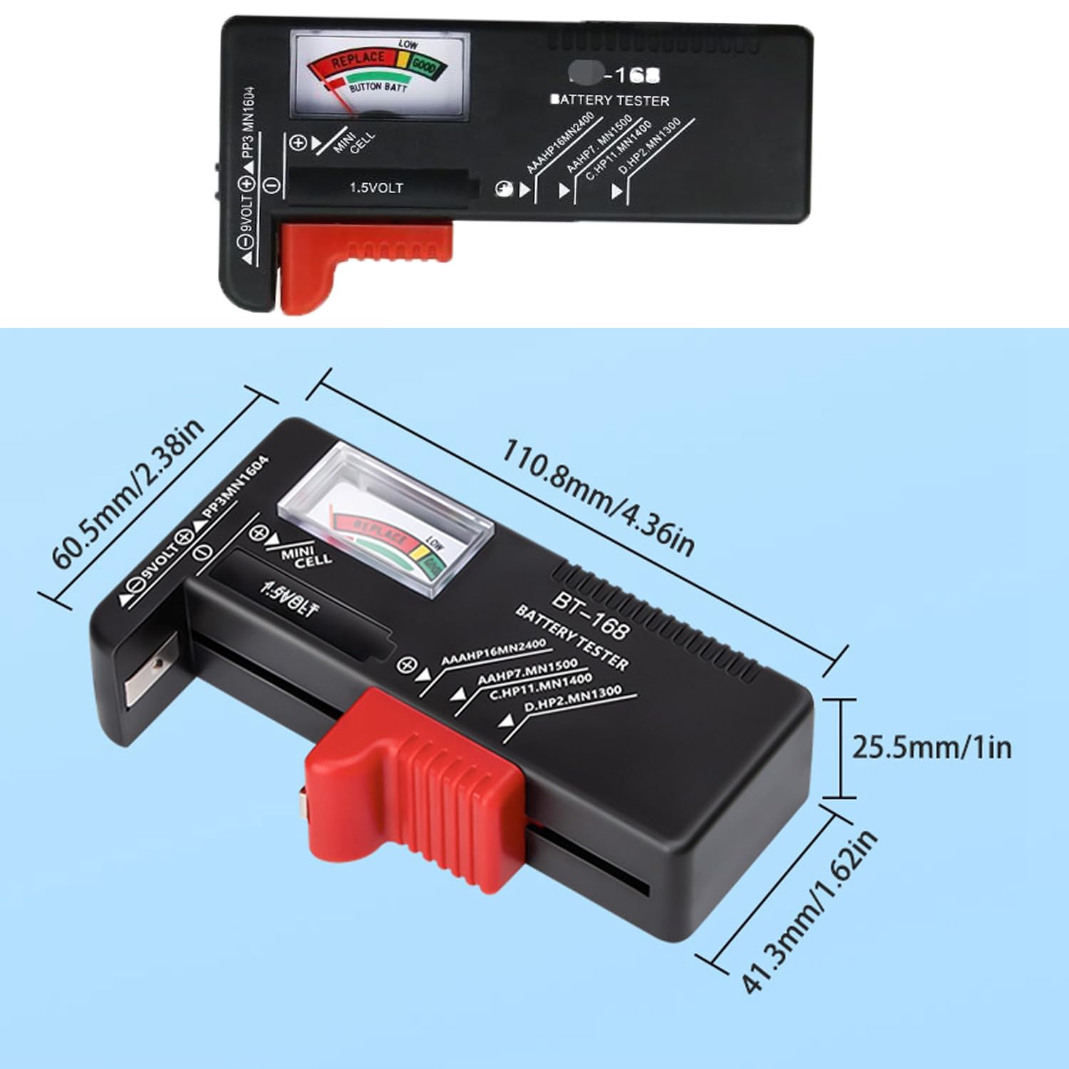 2pcs Universal Battery Tester Checker for AAA AA C D 9V 1.5V Button Cell Batteries - Household Battery Voltage Tester (Model BT-168) - Perfect for Home, Office, and Emergency Kits