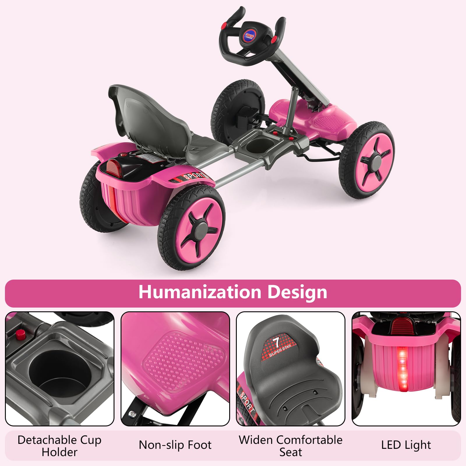 OLAKIDS 12V Electric Go Kart for Kids Ages 2-5 - Adjustable Seat, Steering Wheel & Folding Wheels with LED Lights & Detachable Cup Holder - Pink Ride On Car for Boys & Girls | Perfect for Backyard Play, Birthday Gifts & Outdoor Family Fun