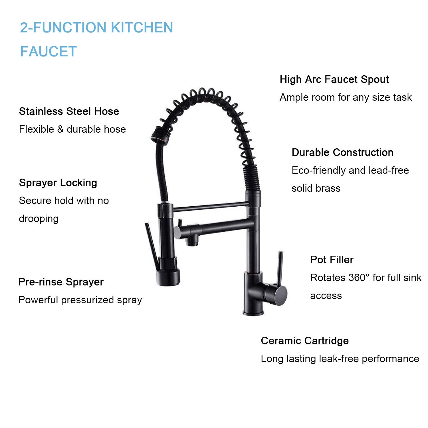 **Commercial Grade Pull Down Kitchen Faucet with Single Handle & Spring Sprayer - Matte Black (Model FC1001) - Ideal for Restaurants, Food Trucks & Home Chefs**
