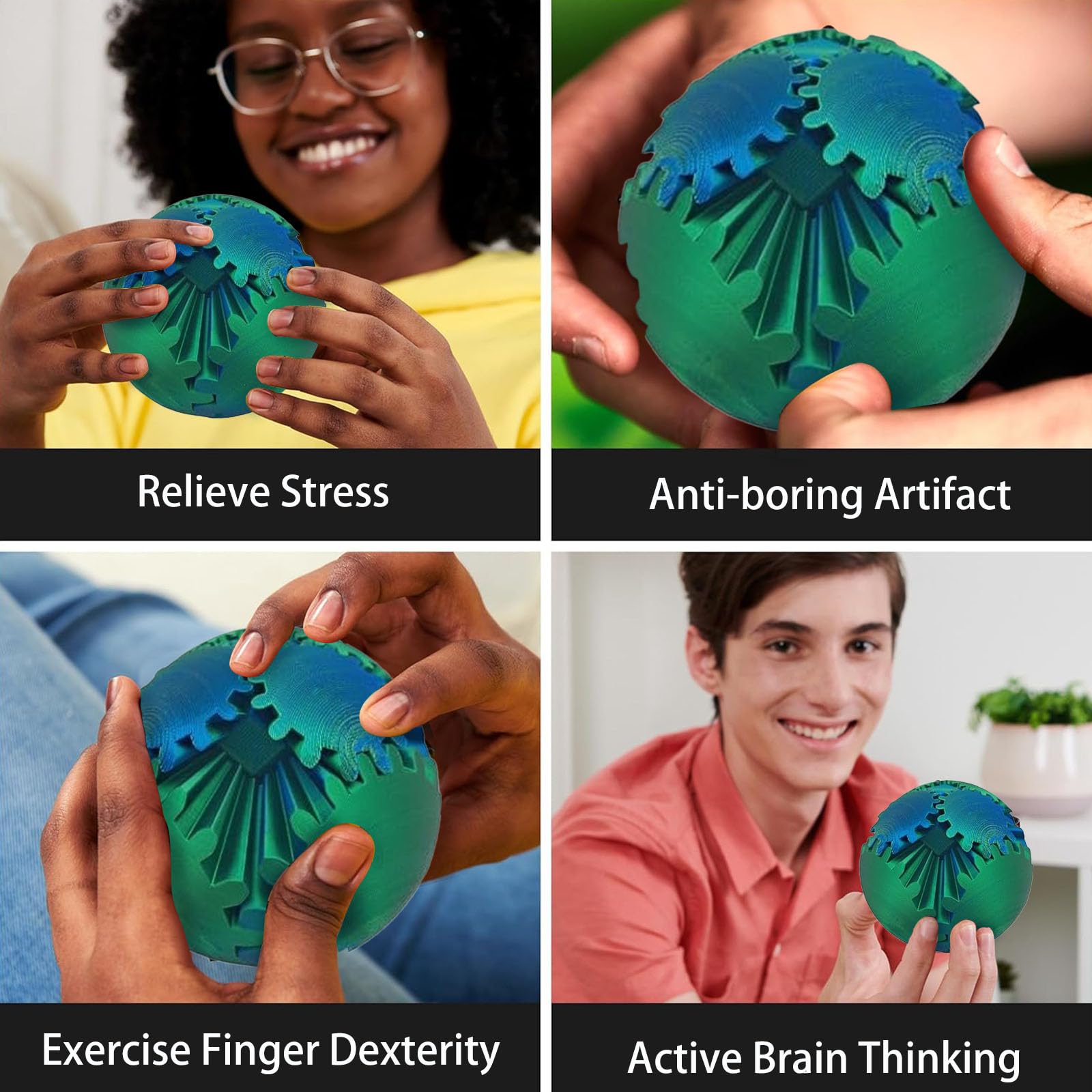 3D Printed Gear Ball Fidget Toy - Stress Relief & Anxiety Relaxation for Sensory Needs, Autism - Spin Ball Cube for Adults & Kids - Perfect for Office, School, Travel (Blue Green)