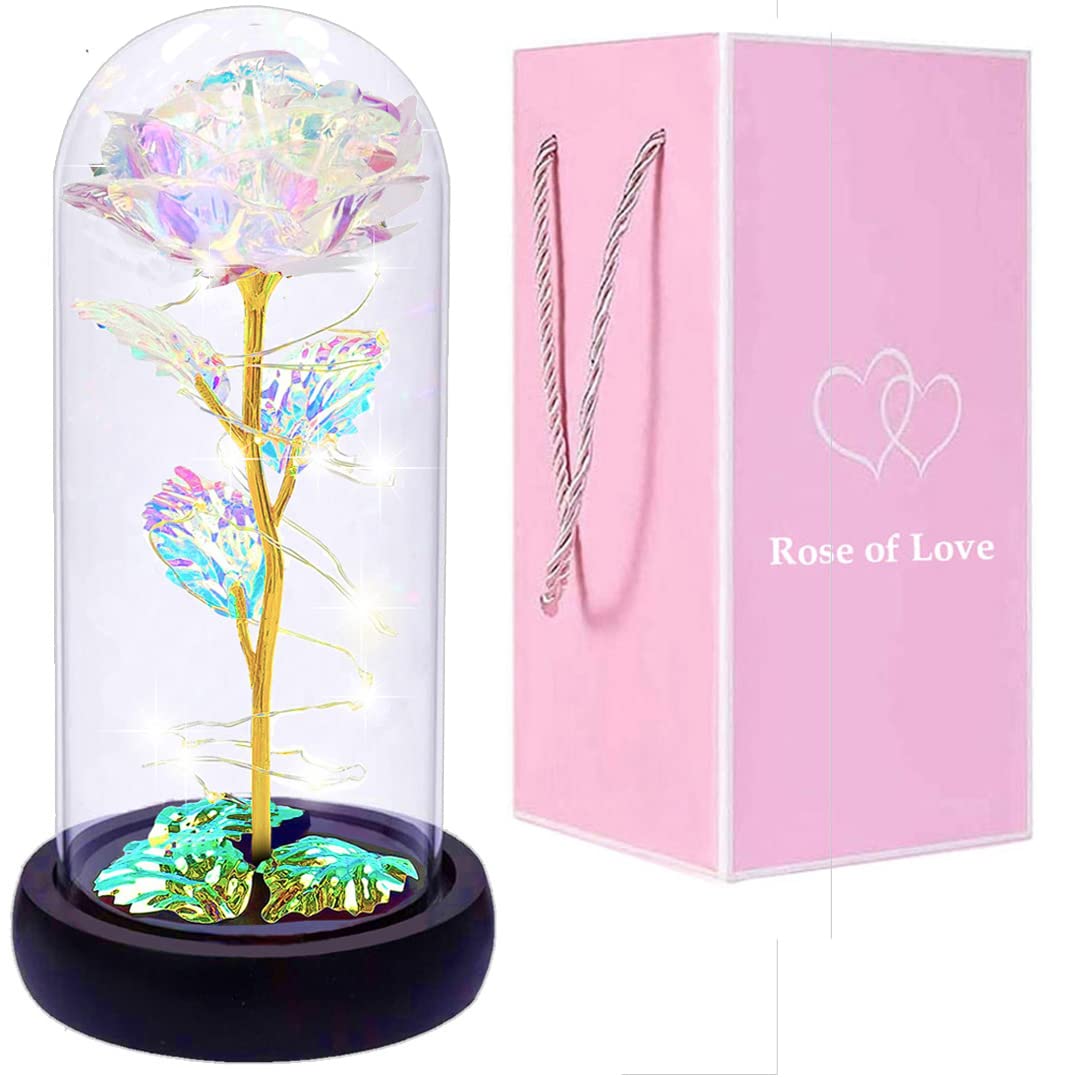 Valentine's Rose Flower Gift for Women - Colorful Light Up Rose in Glass Dome, Birthday & Valentine's Day Gift for Mom, Girlfriend, Wife | Romantic Home Decor & Special Occasion Present