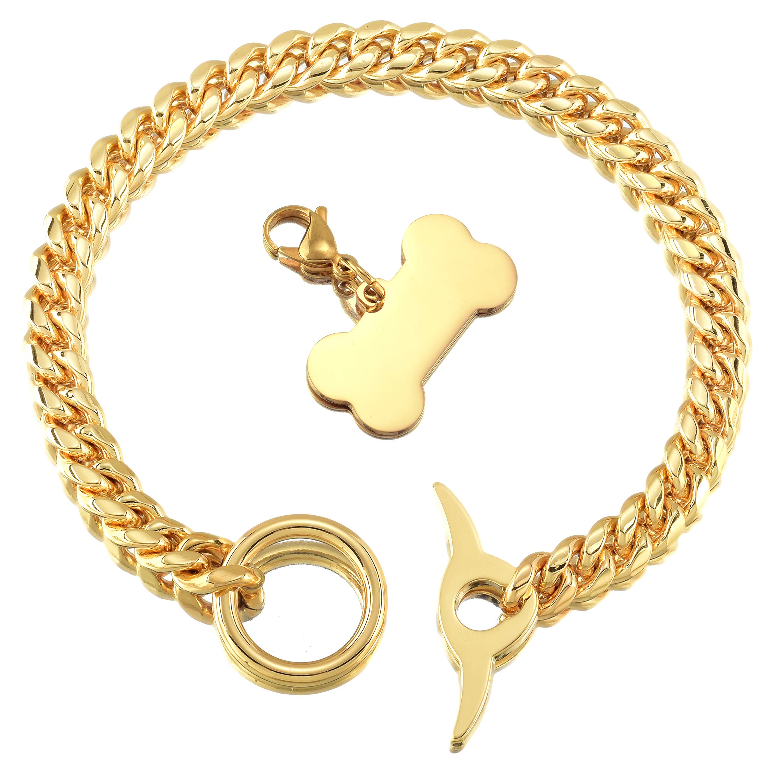 18K Gold Plated Heavy Duty Dog Chain Collar - 10MM Cuban Link Chew Proof Adjustable Training Collar with Toggle Clasp & Dog Tag for Medium Dogs (22